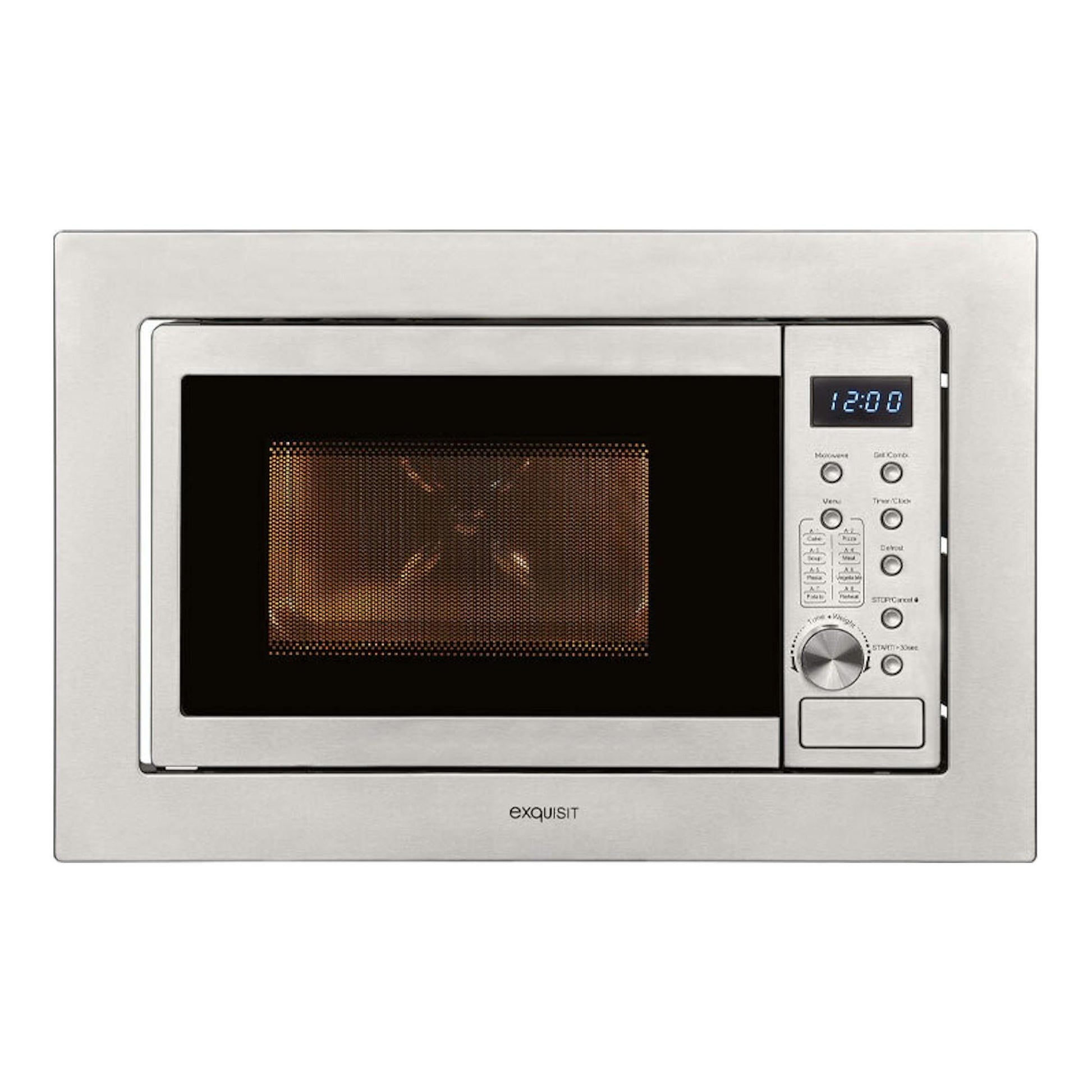 Microondas integrable Exquisit EMW20DG020 en inox, vista frontal, con panel digital a la derecha.