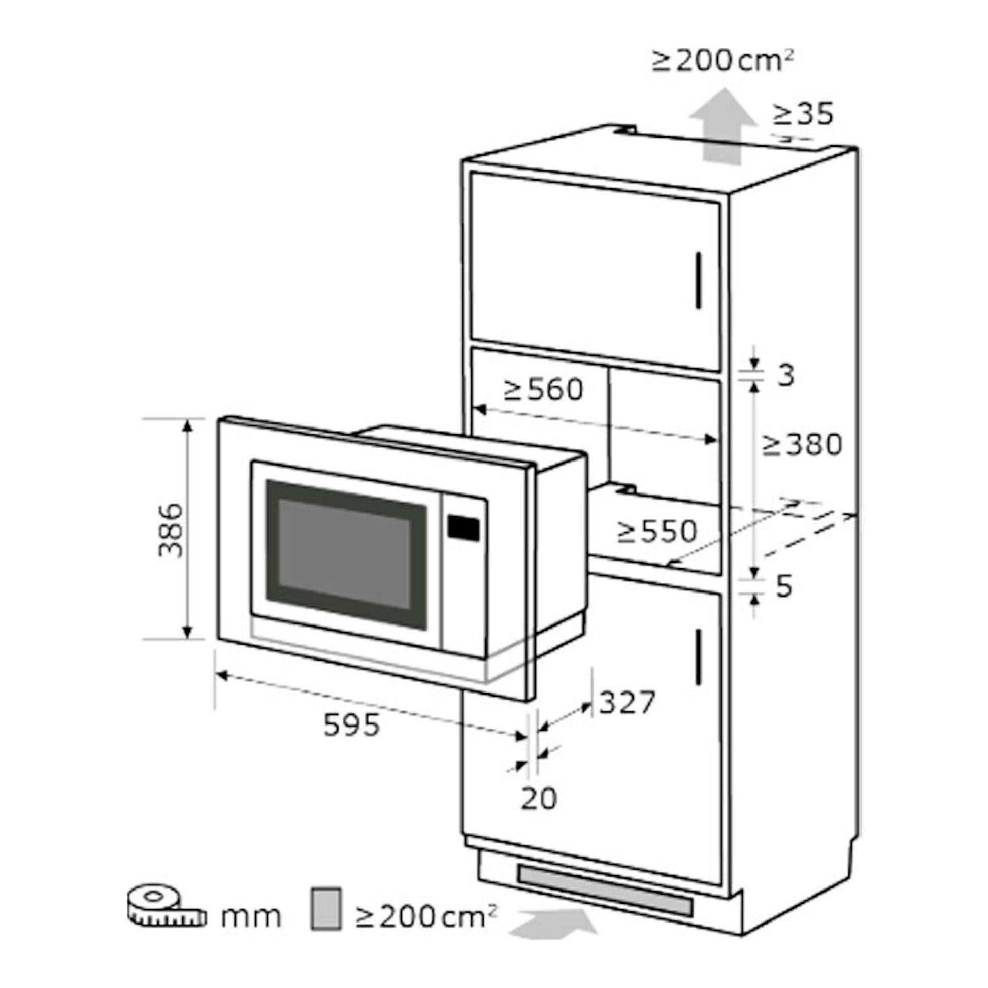 Diagrama de instalación del microondas integrable Exquisit EMW20DG020 Inox, vista frontal y lateral con medidas.