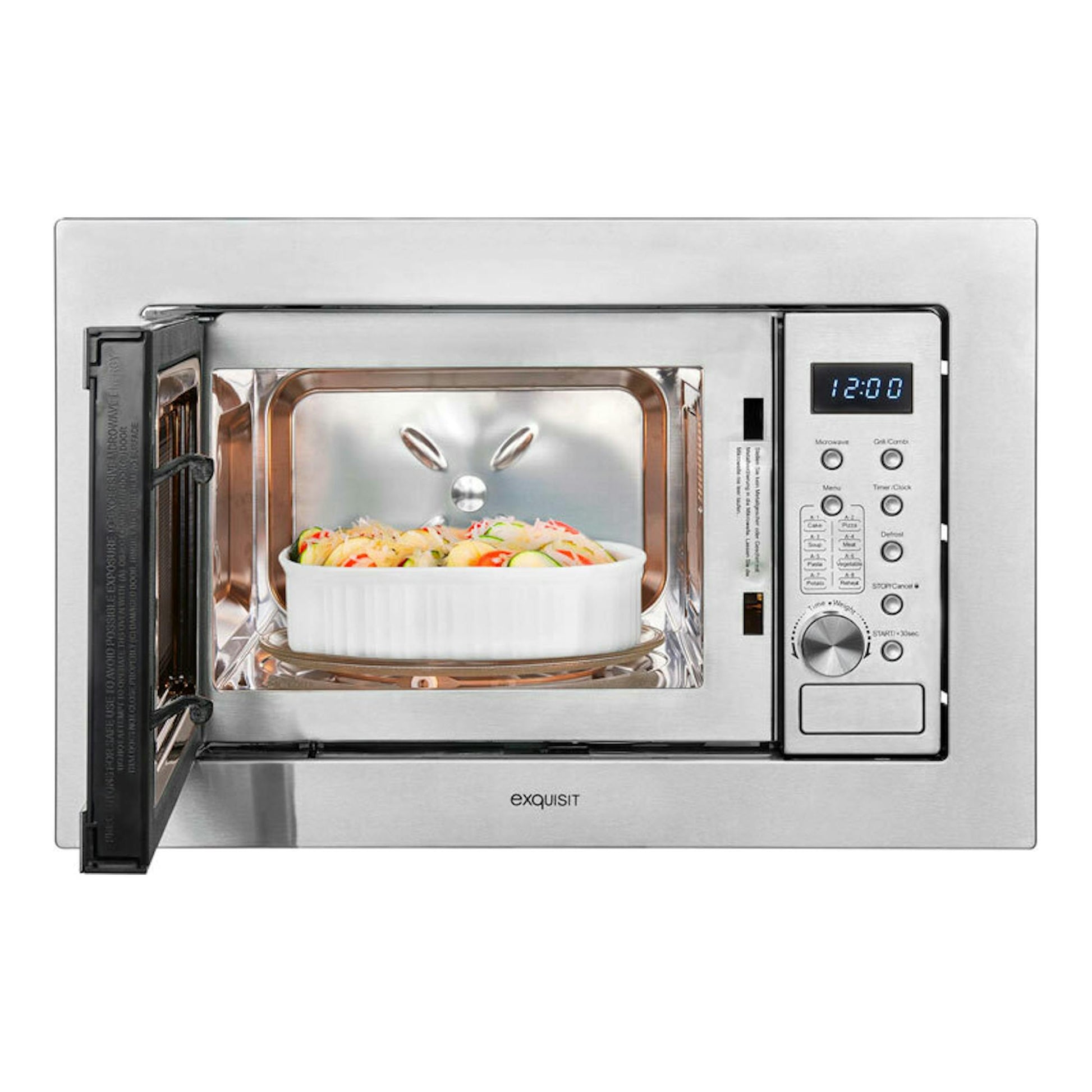 Microondas integrable Exquisit EMW20DG020 inox, vista frontal, puerta abierta e interior de acero inoxidable.