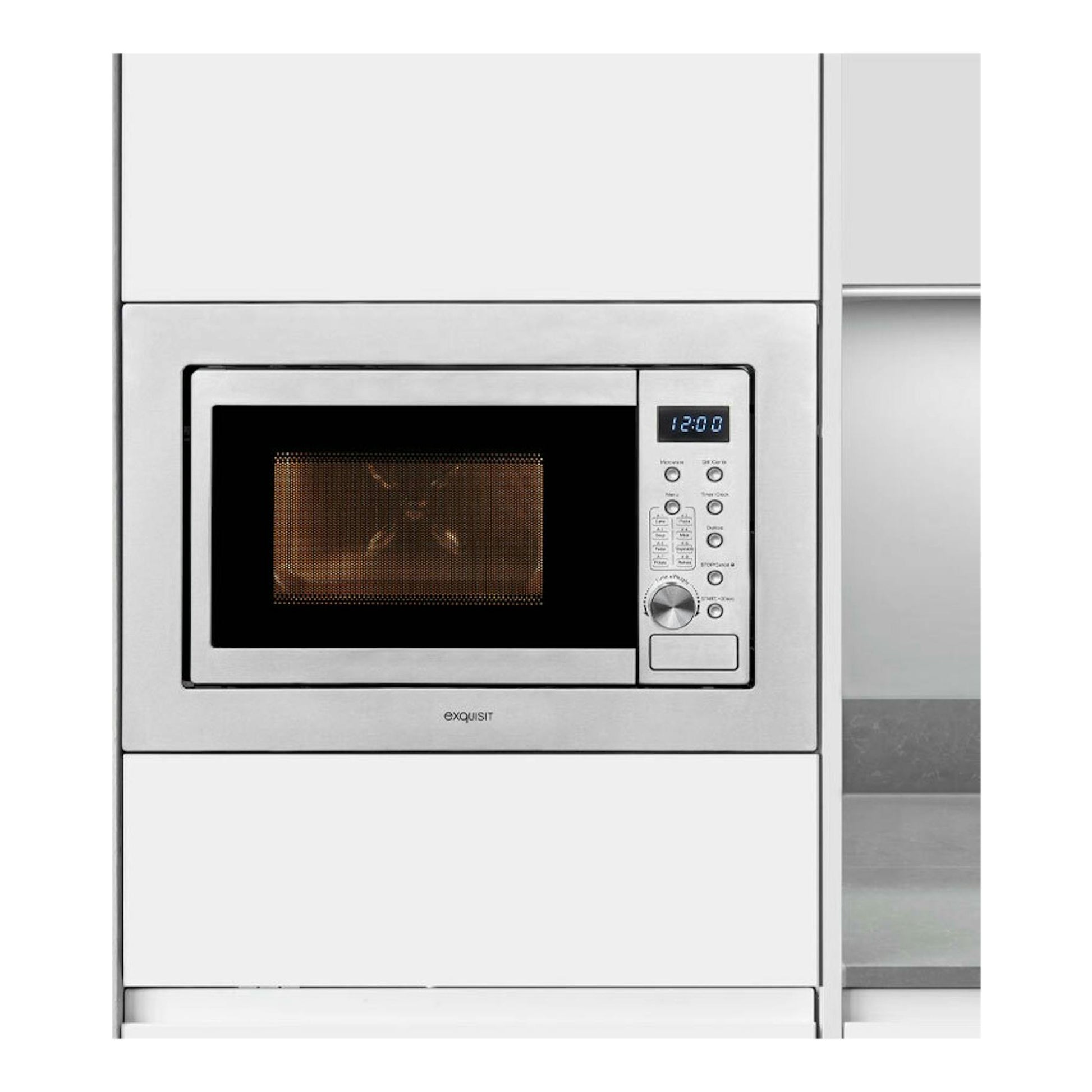 Microondas integrable Exquisit EMW20DG020 en inox, vista frontal, puerta negra y panel de control lateral.