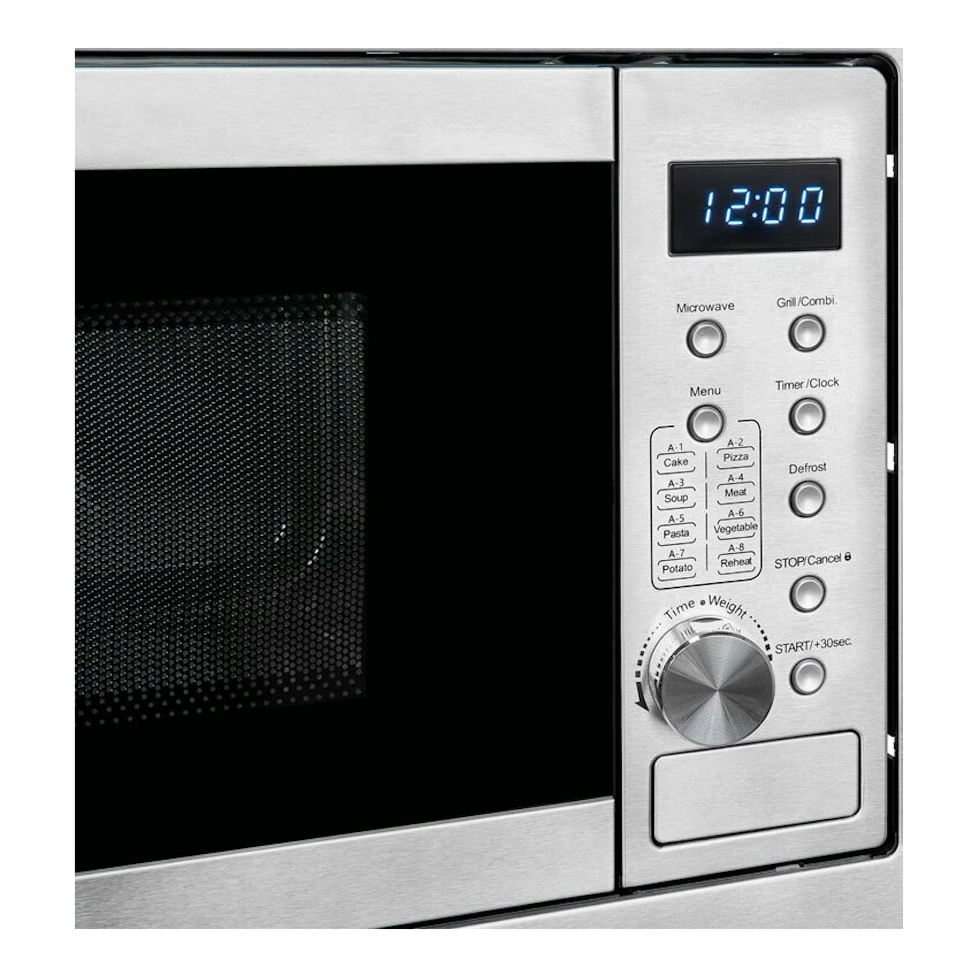 Microondas integrable Exquisit EMW20DG020 inox, vista frontal parcial, puerta negra y panel con display 12:00.