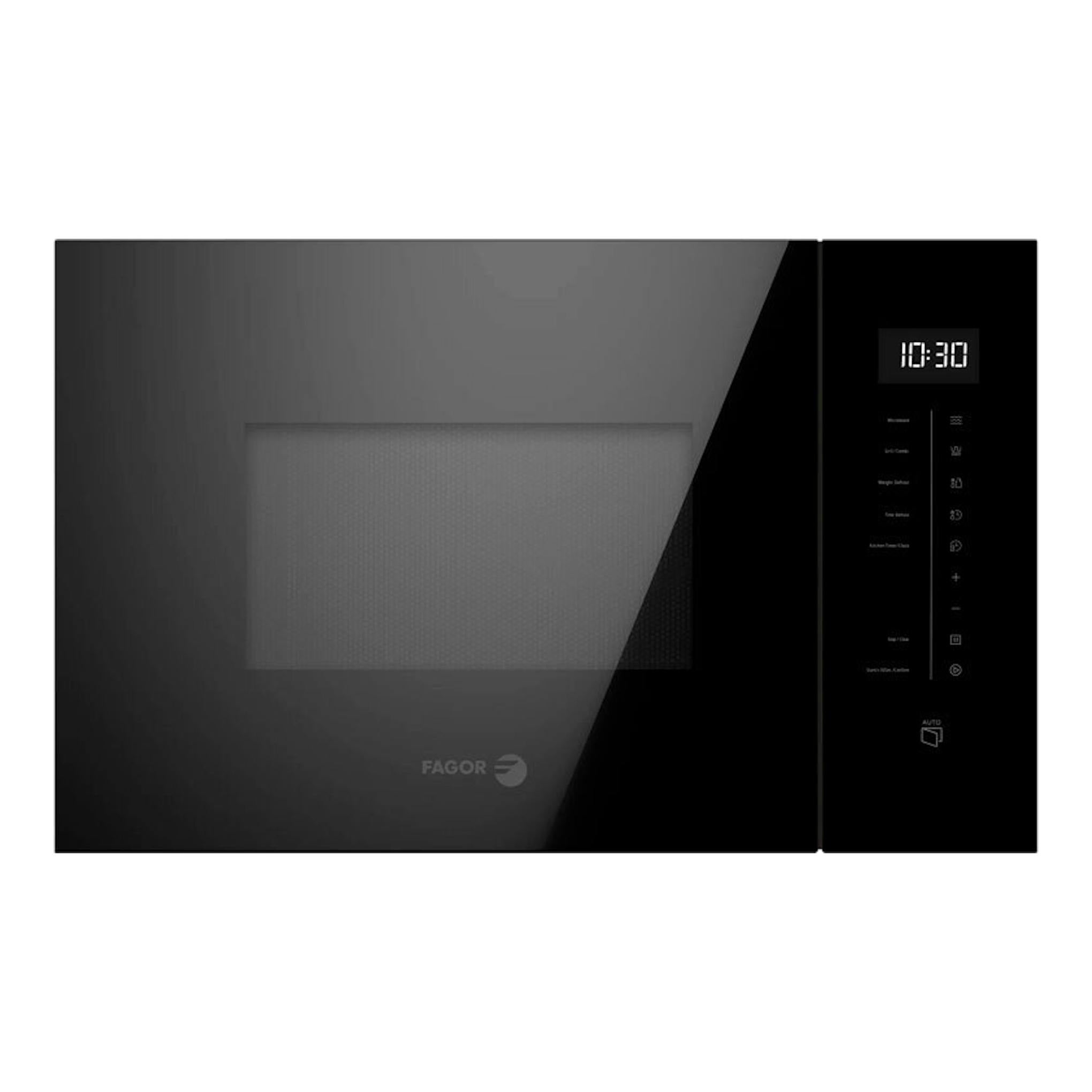 Microondas integrable Fagor 4MWB-25BTCGN negro, vista frontal con panel táctil y display digital.