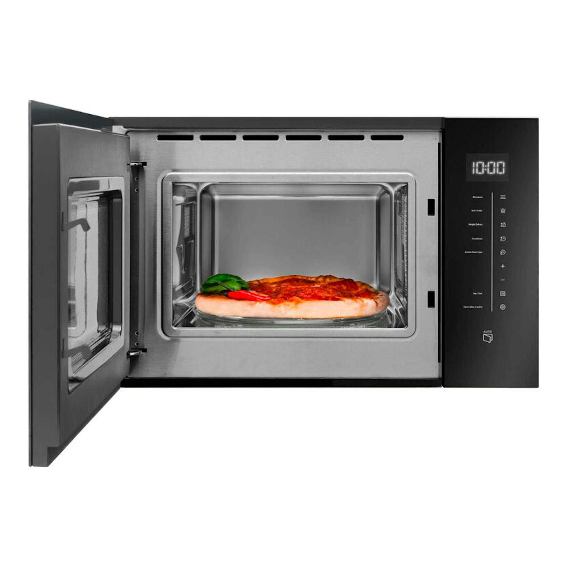 Microondas integrable Fagor 4MWB-25BTCGN inox, vista frontal con la puerta abierta e interior de acero.