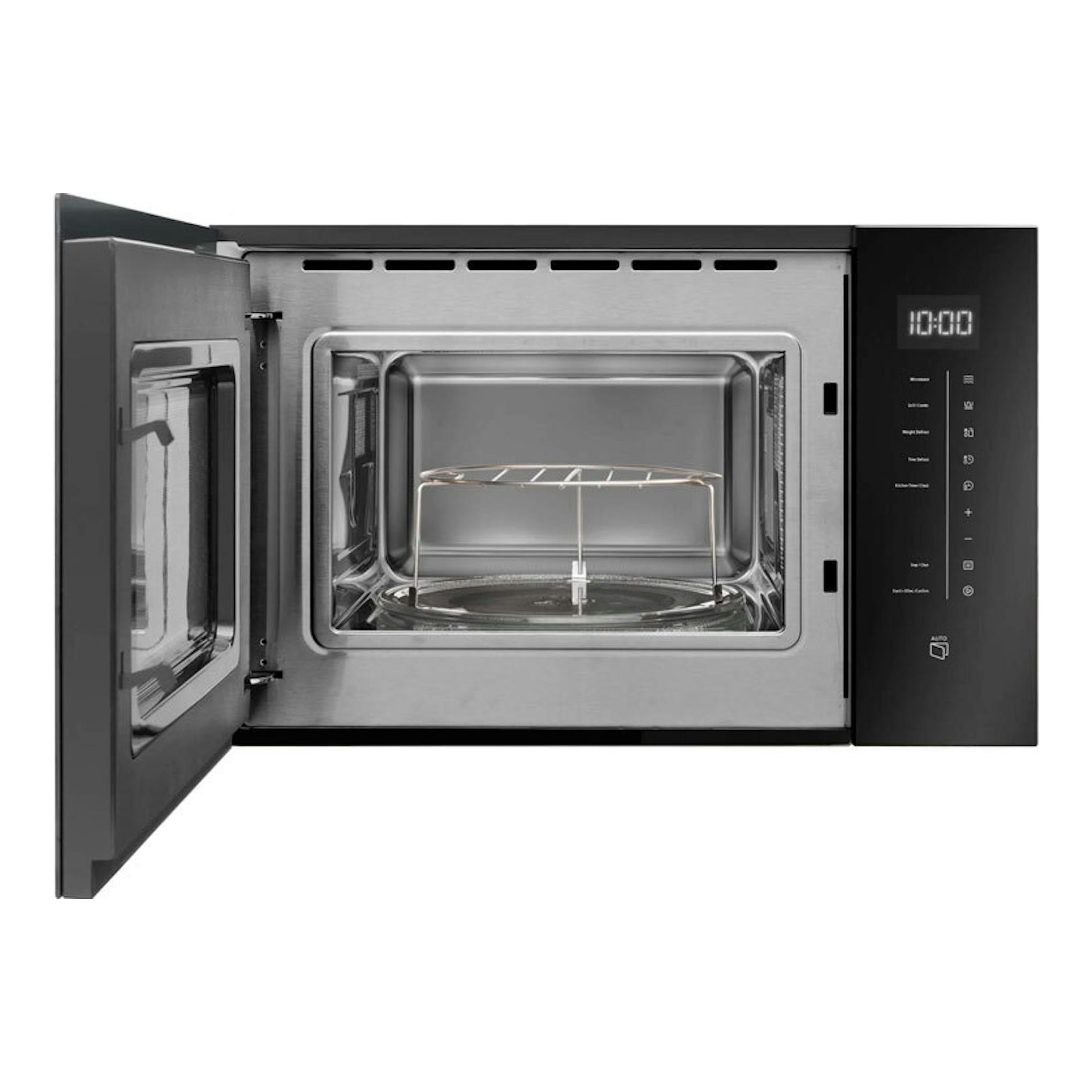 Microondas integrable Fagor 4MWB-25BTCGN inox, puerta abierta, interior de acero y panel digital negro.