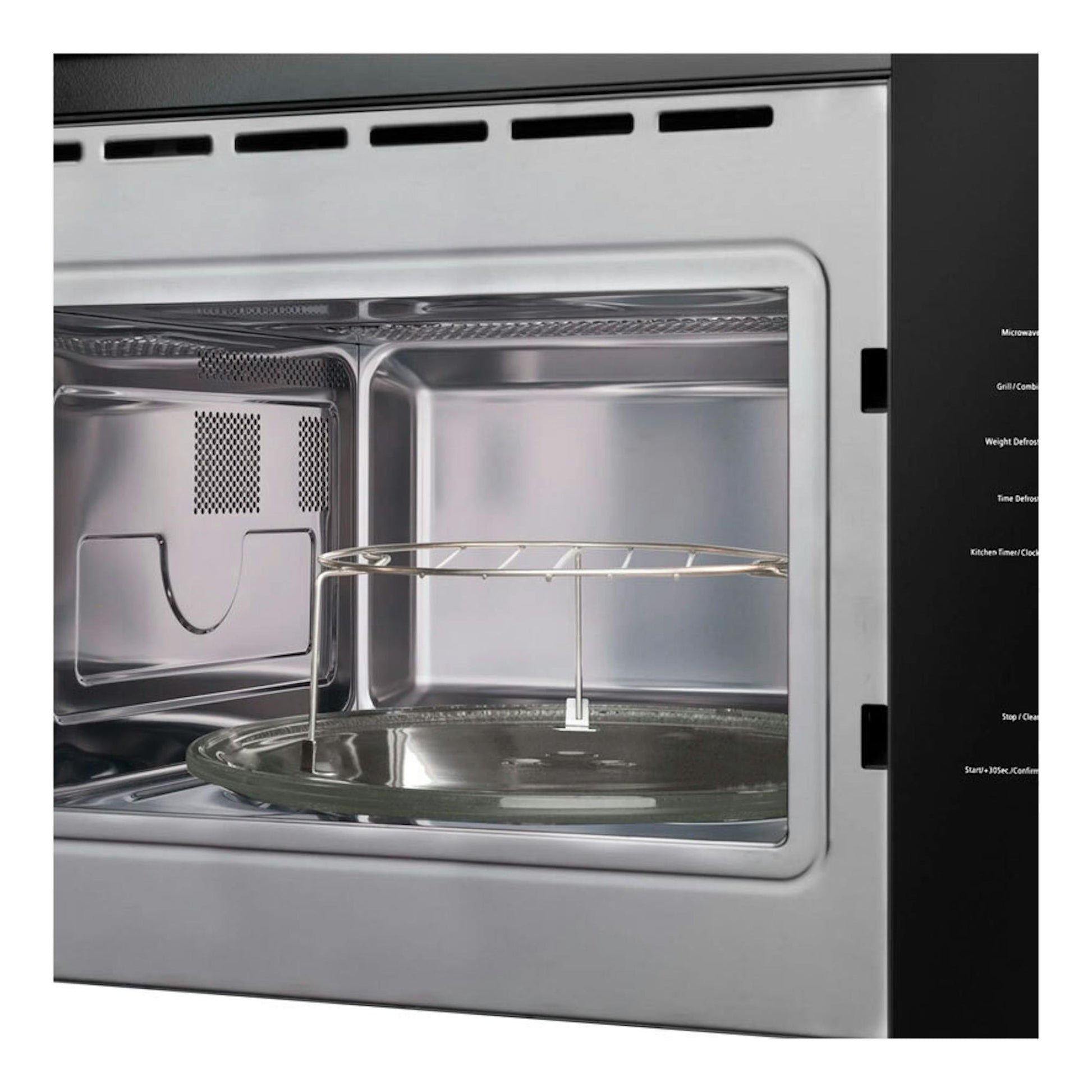Microondas integrable Fagor 4MWB-25BTCGN inox, vista frontal con la puerta abierta e interior de acero.