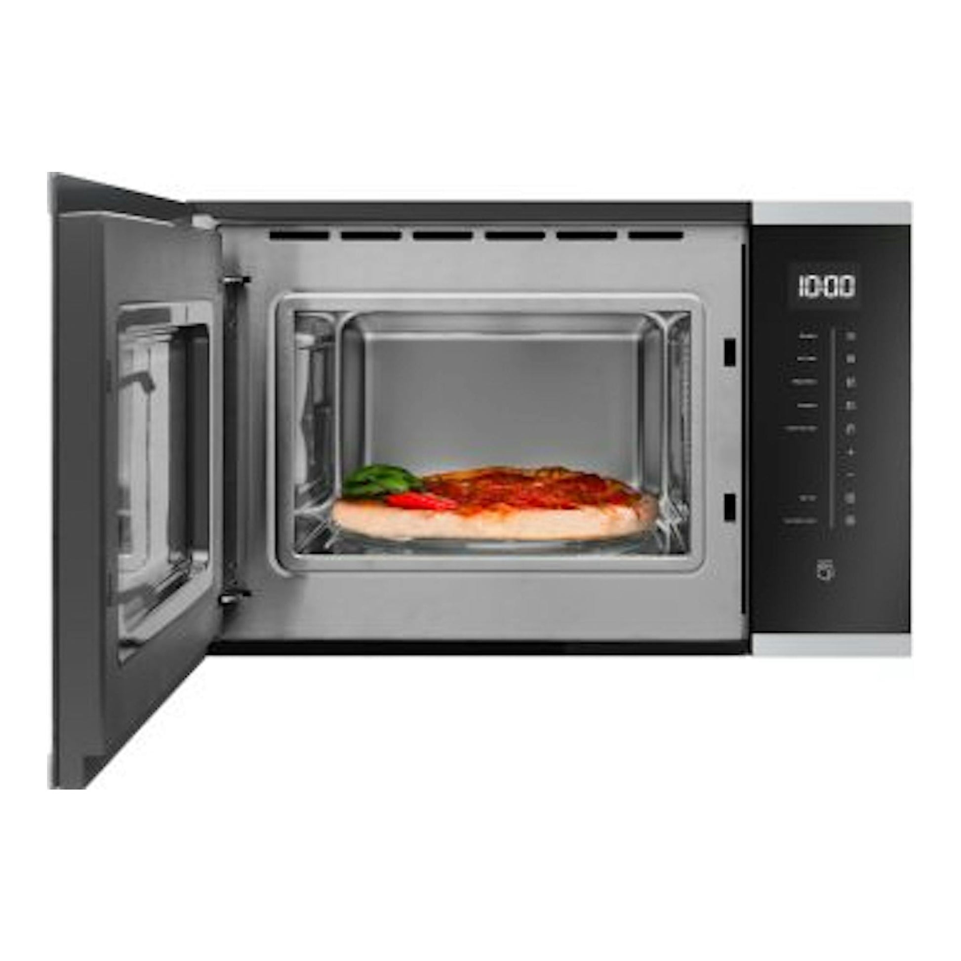 Microondas integrable Fagor 4MWB-25BTCGX en acero inox, vista frontal con la puerta abierta y una pizza dentro.