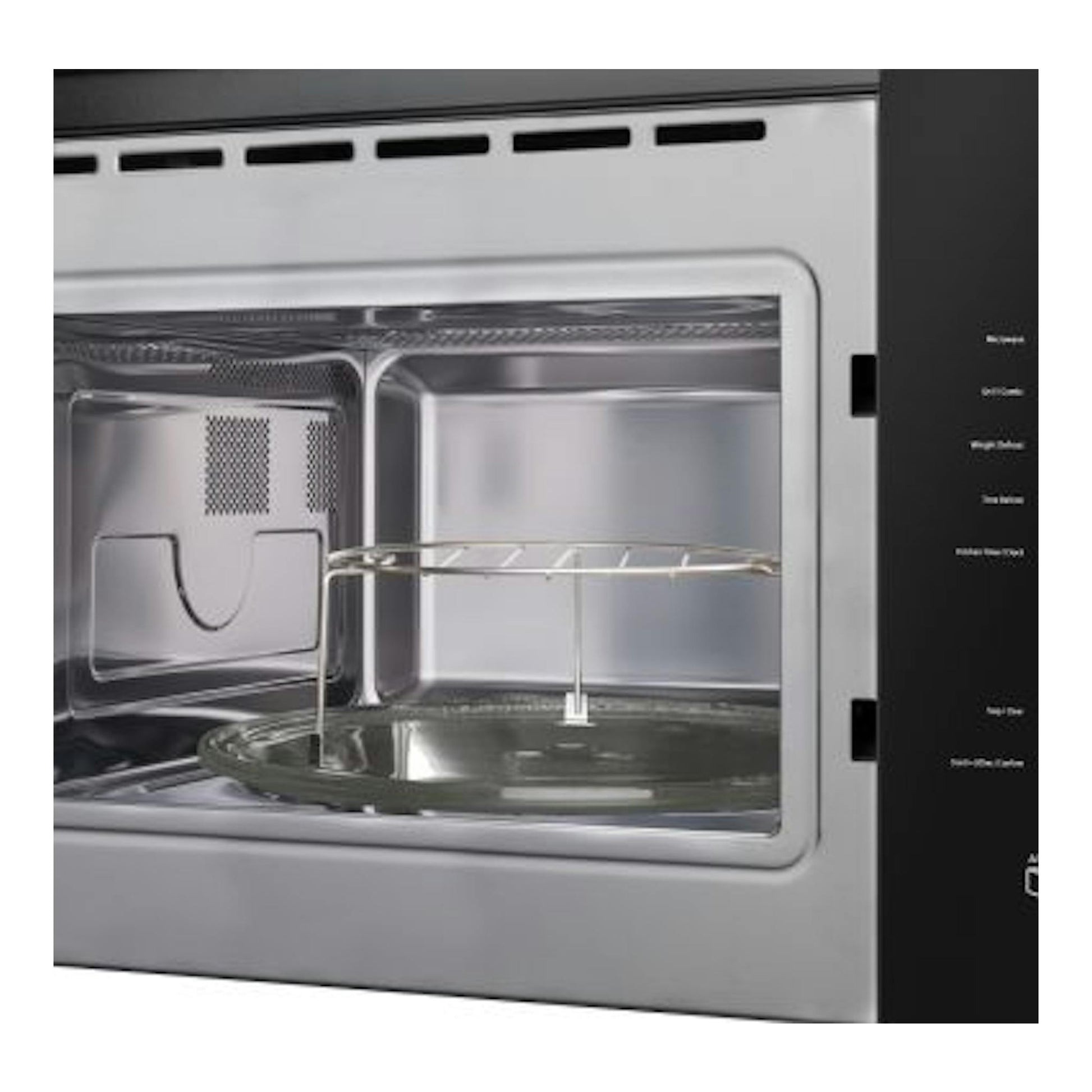 Microondas integrable Fagor 4MWB-25BTCGX en inox, con puerta abierta y panel de control negro.