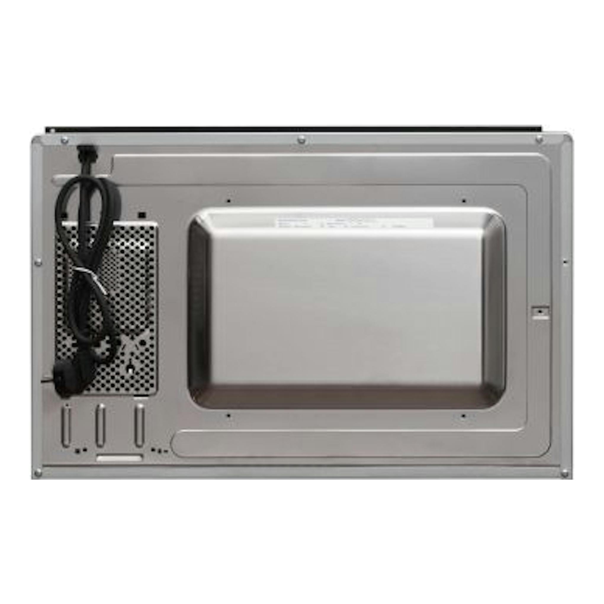 Microondas Fagor 4MWB-25MTCGN integrable, vista trasera en acero inoxidable con cable a la izquierda.