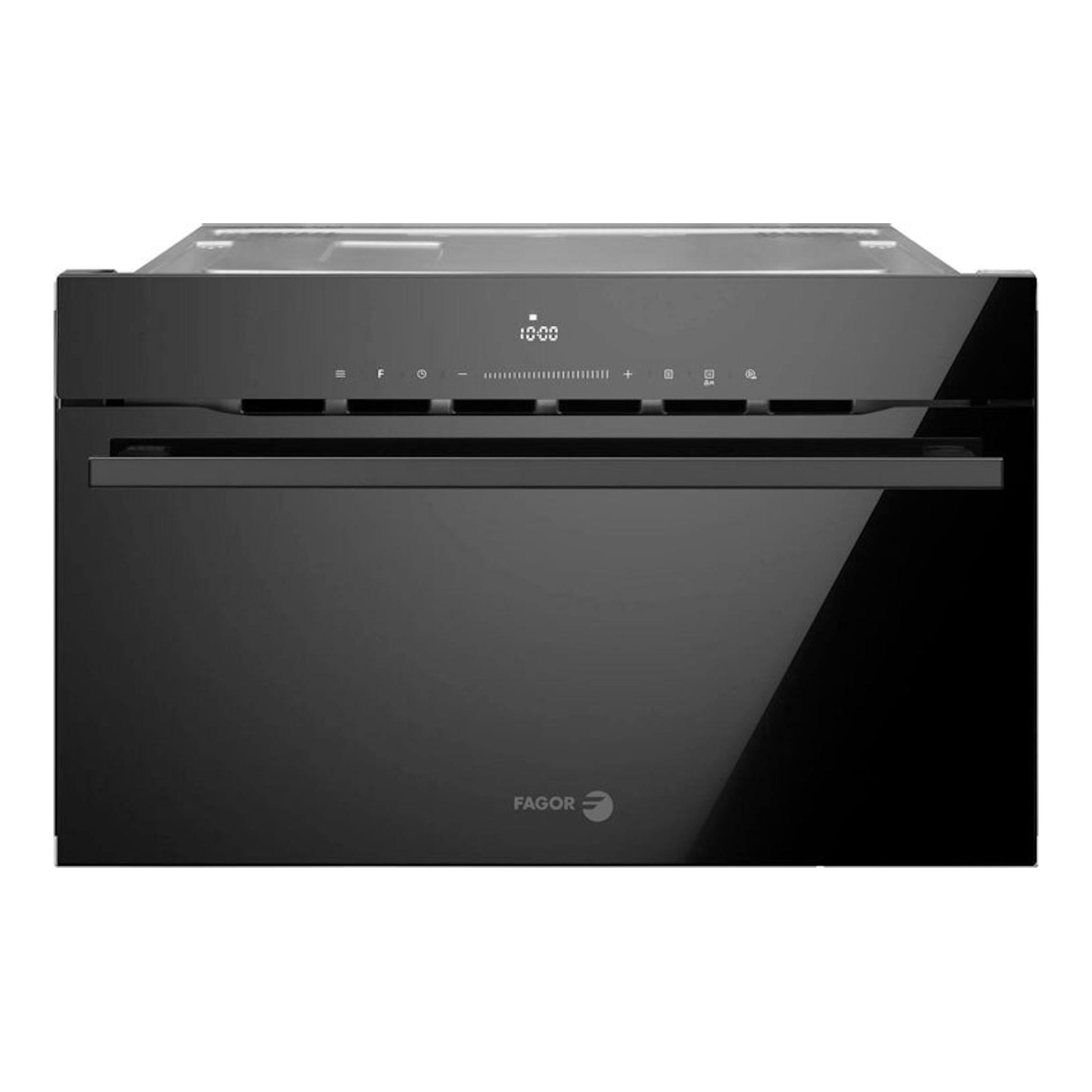 Microondas integrable Fagor 4MWB-34MTCGN en cristal negro, vista frontal.