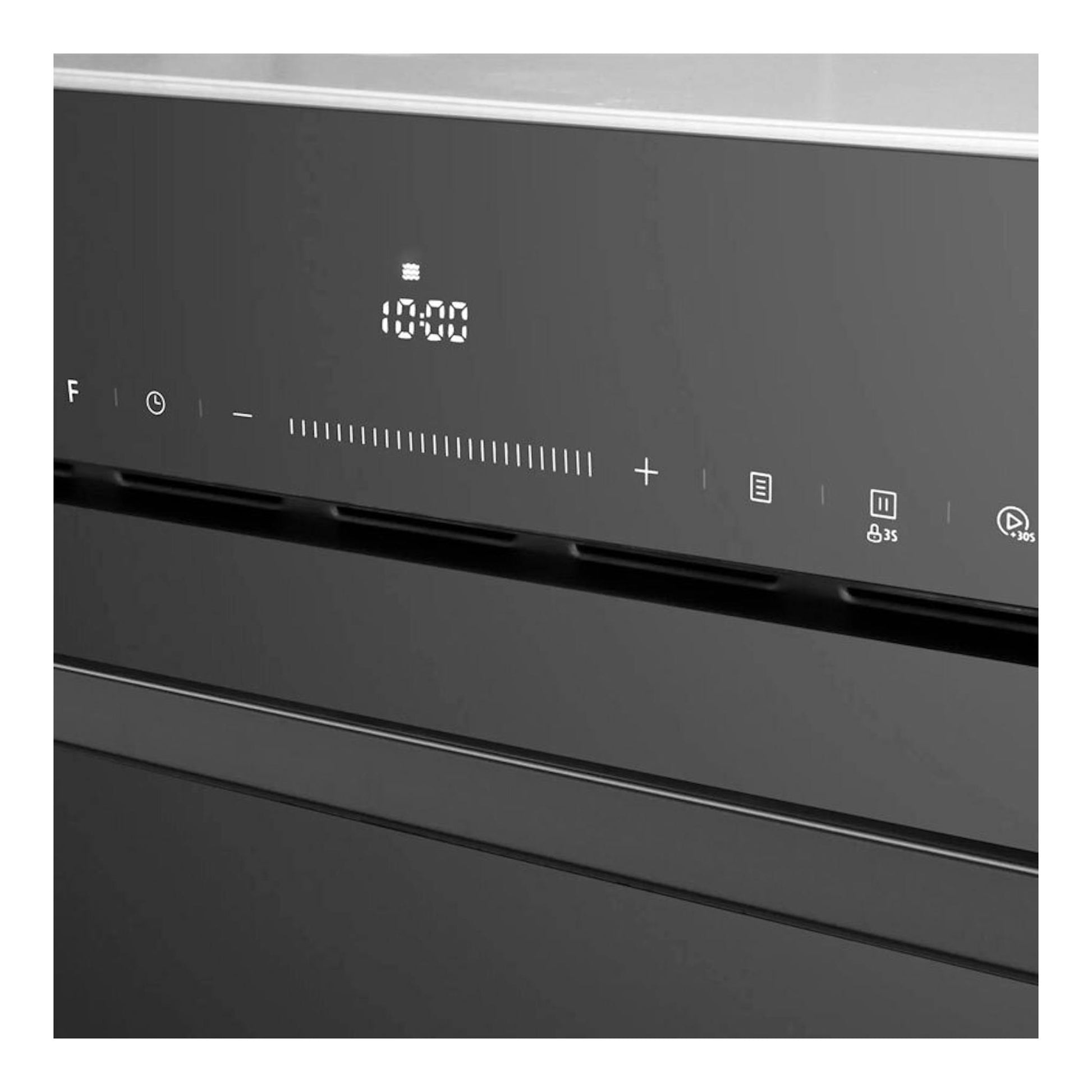 Microondas integrable Fagor 4MWB-34MTCGN en cristal negro, vista frontal parcial con panel táctil y reloj 10:00.