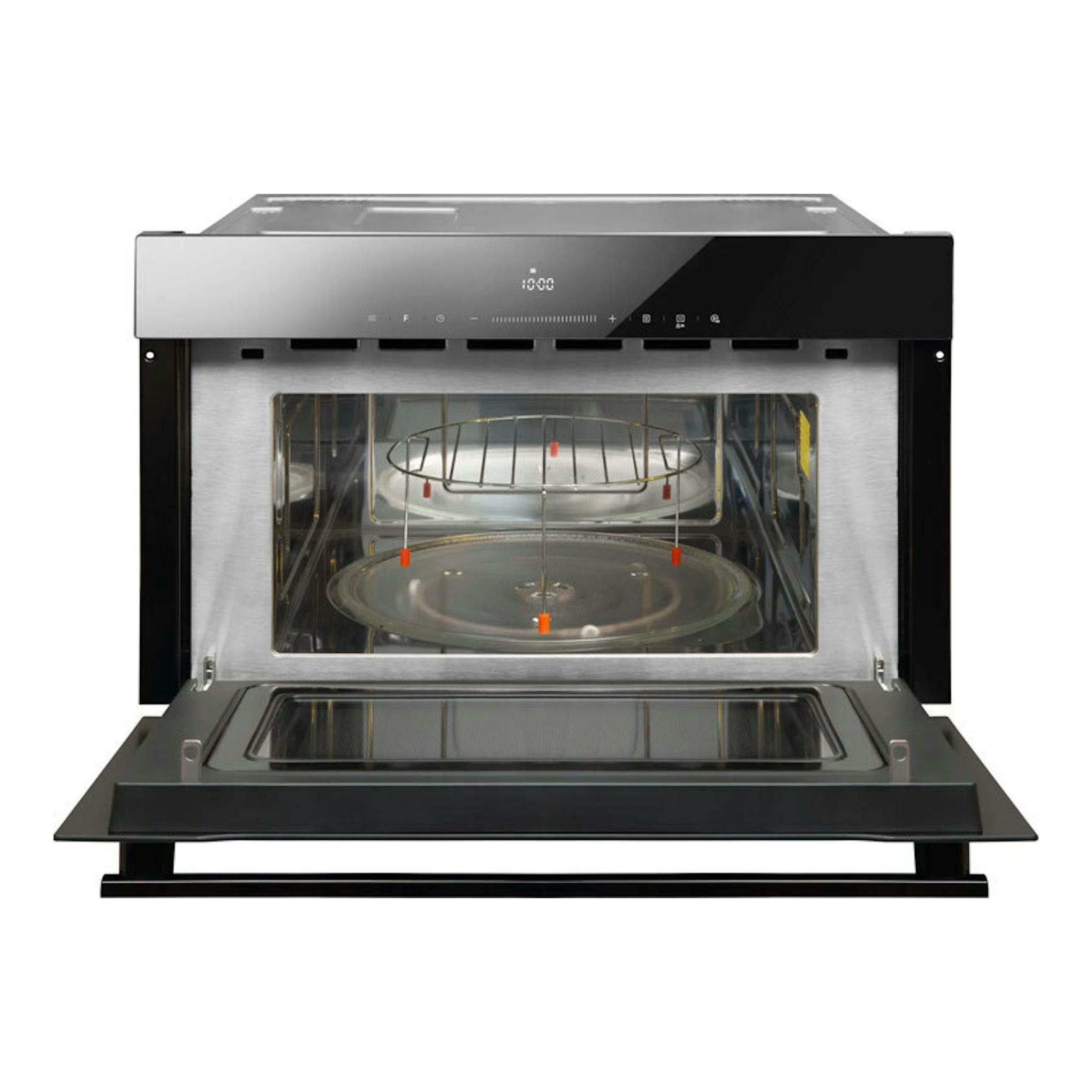 Microondas integrable Fagor 4MWB-34MTCGN negro, vista frontal con puerta abatida y cavidad interior visible.