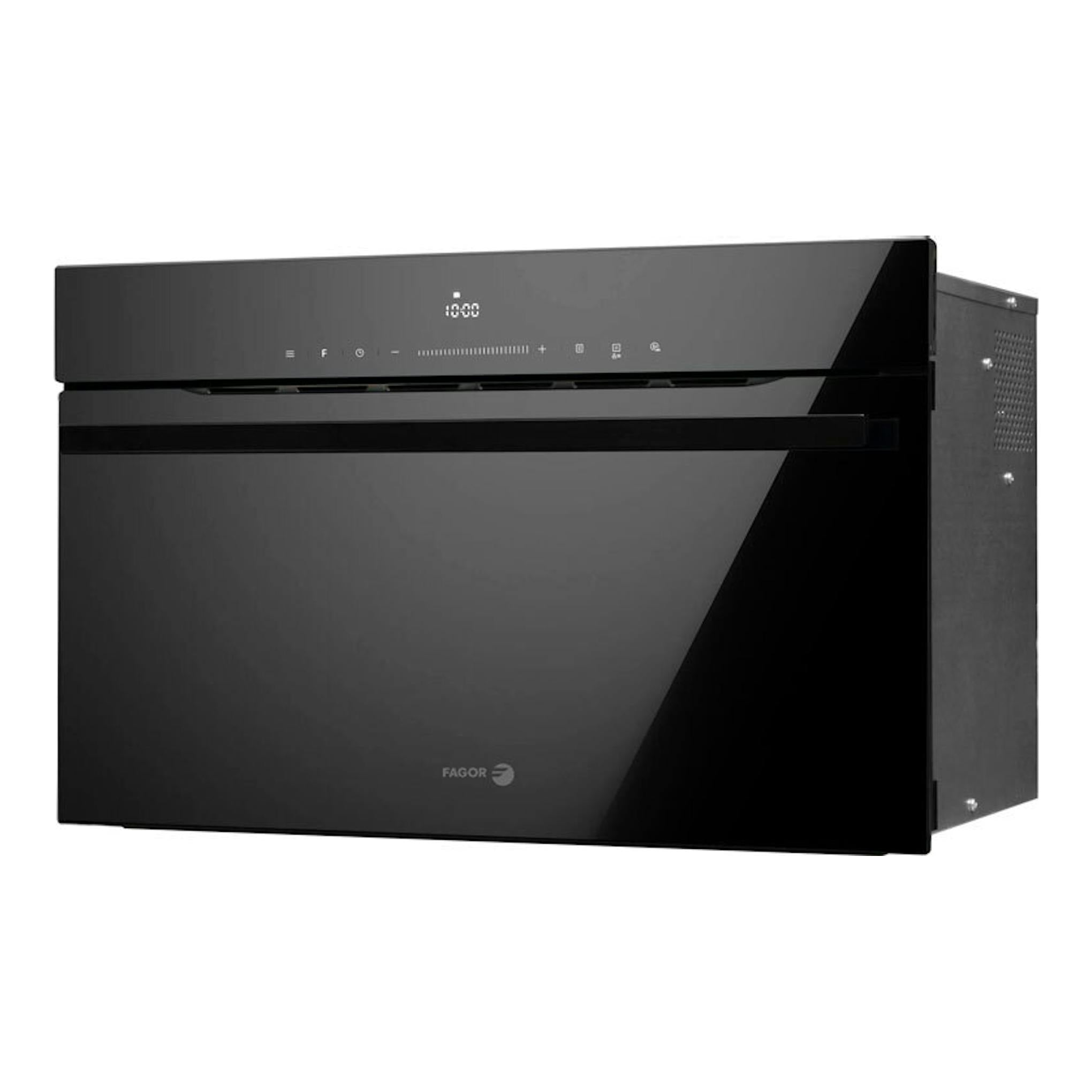 Microondas integrable Fagor 4MWB-34MTCGN de cristal negro, vista frontal en ángulo.