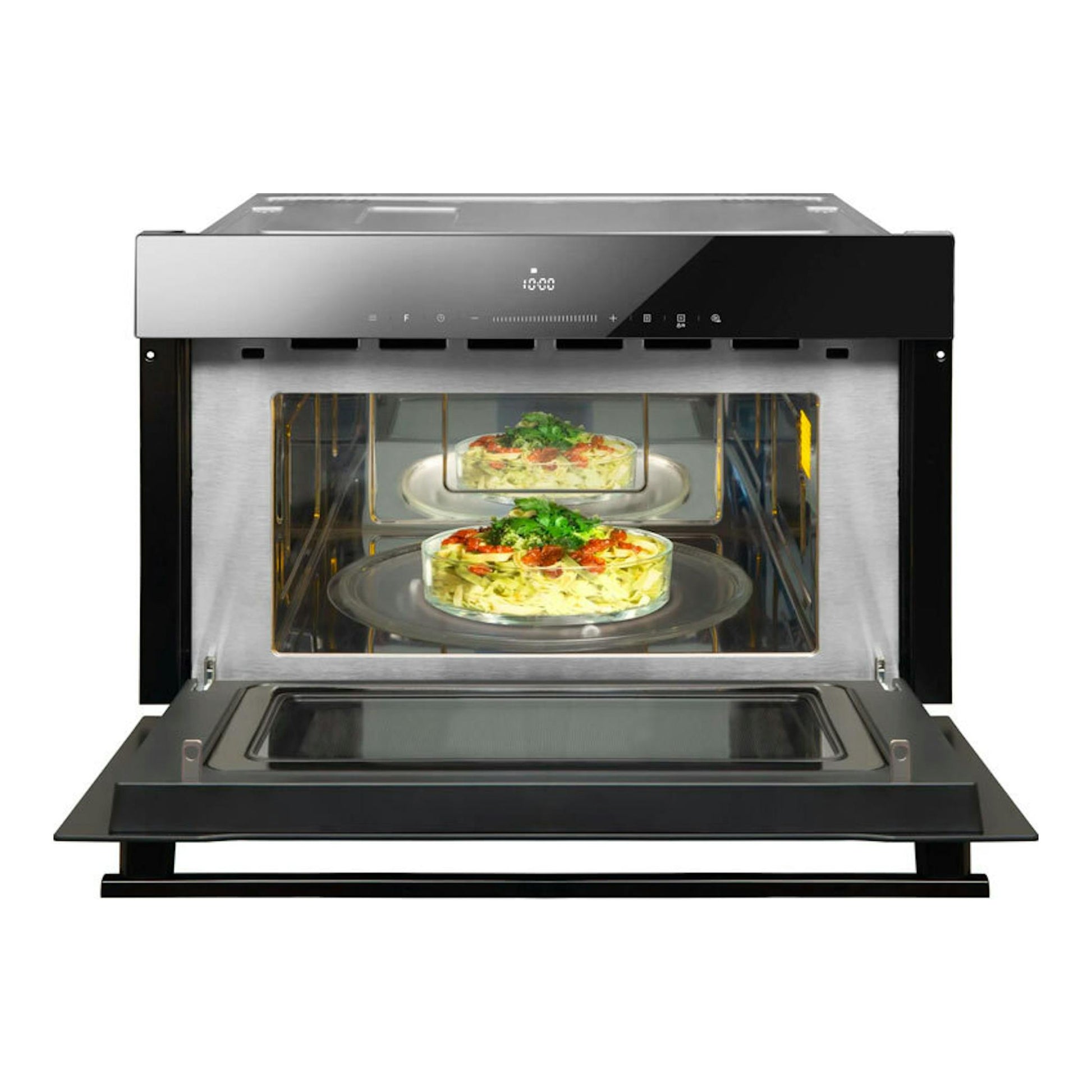 Microondas integrable Fagor 4MWB-34MTCGN de cristal negro, vista frontal con puerta abierta.