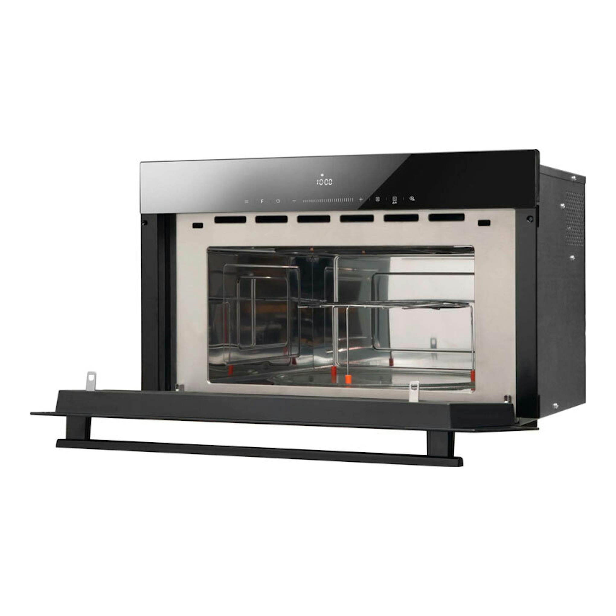 Microondas integrable Fagor 4MWB-34MTCGN, frontal negro cristal, puerta abatida y cavidad interior visible.