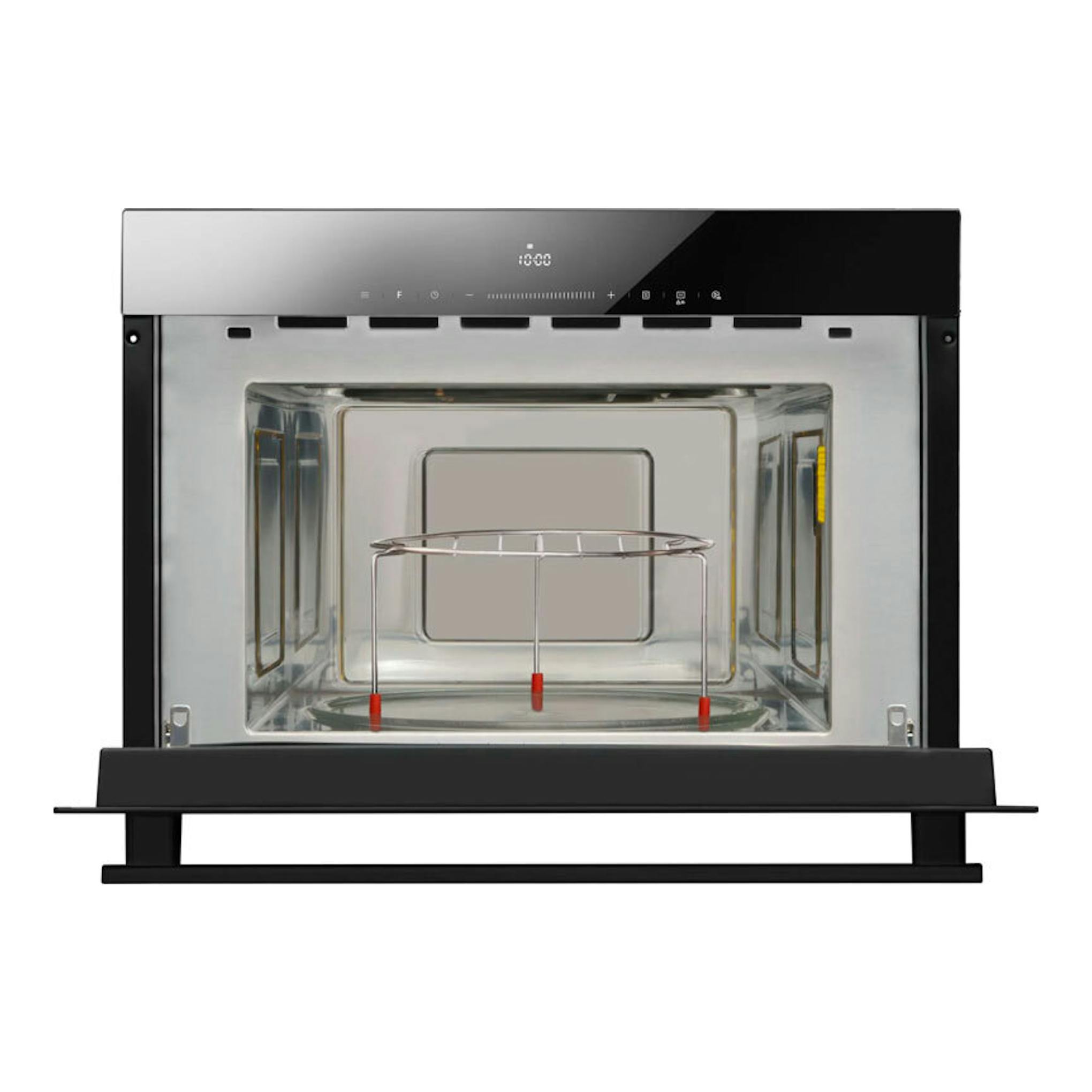 Microondas integrable Fagor 4MWB-34MTCGN de cristal negro, vista frontal con la puerta abierta.