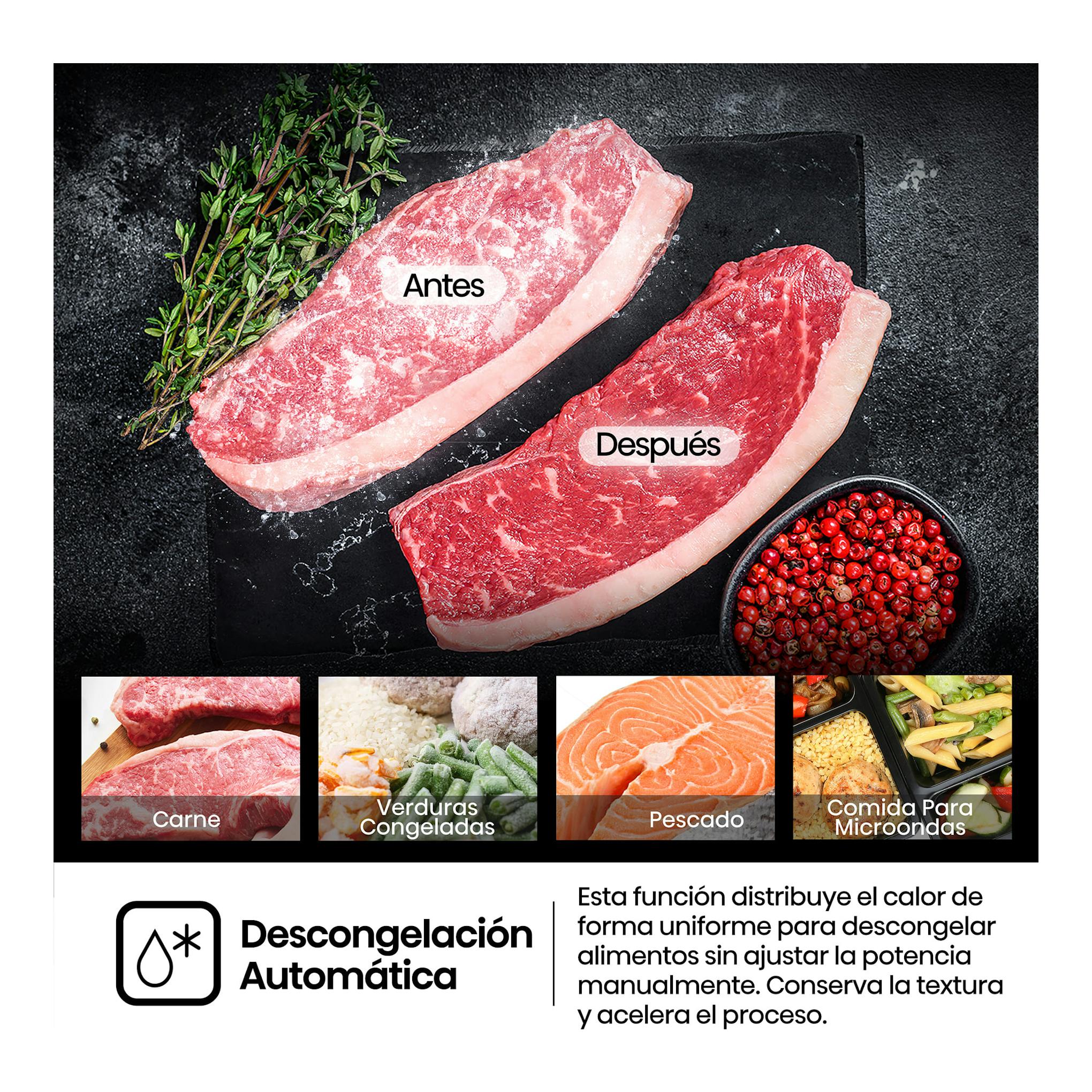 Gráfico de Hisense BIM320G52BG sobre descongelación automática: carne antes y después, con iconos de alimentos.