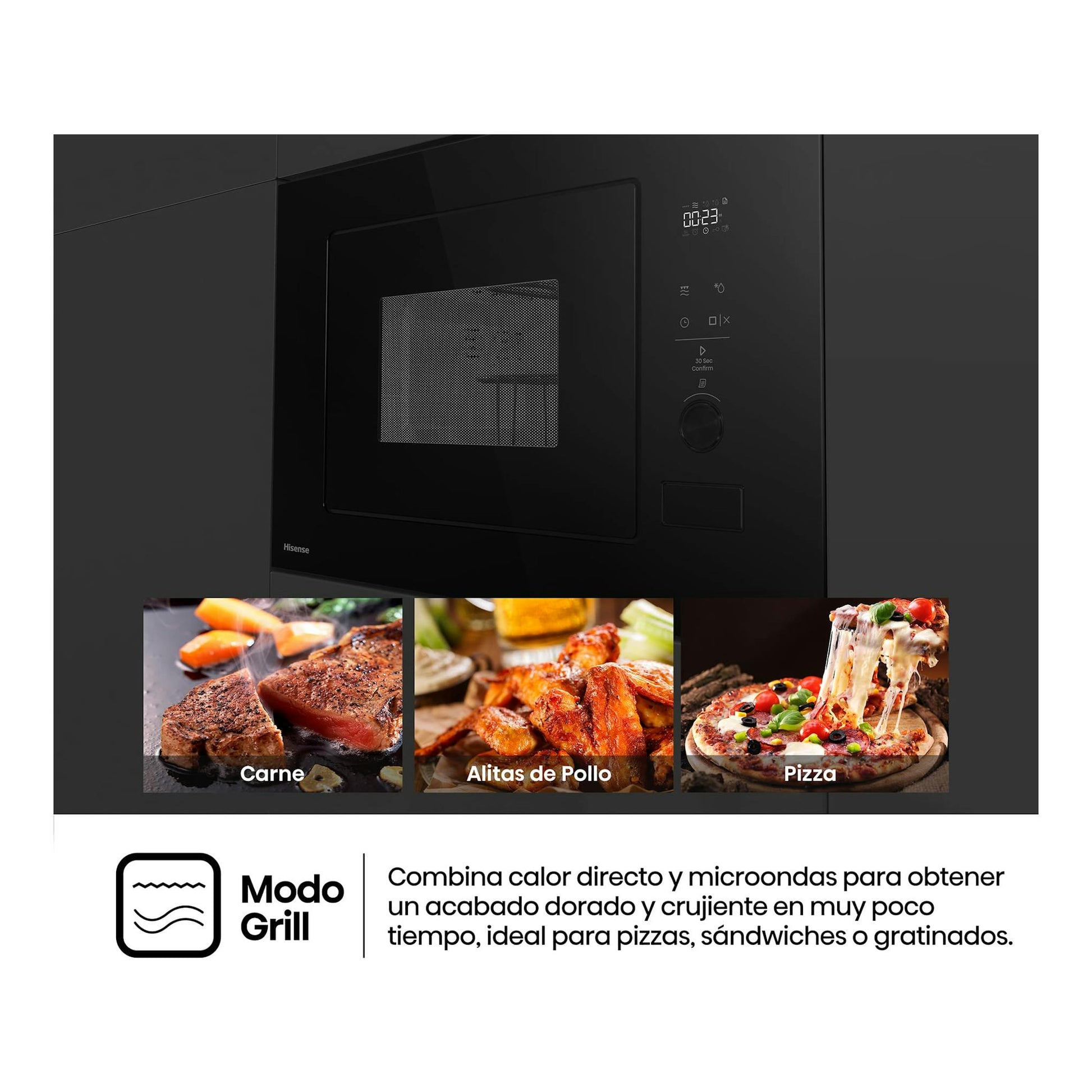 Microondas integrable Hisense BIM320G52BG negro, vista frontal, con panel táctil y puerta de cristal.