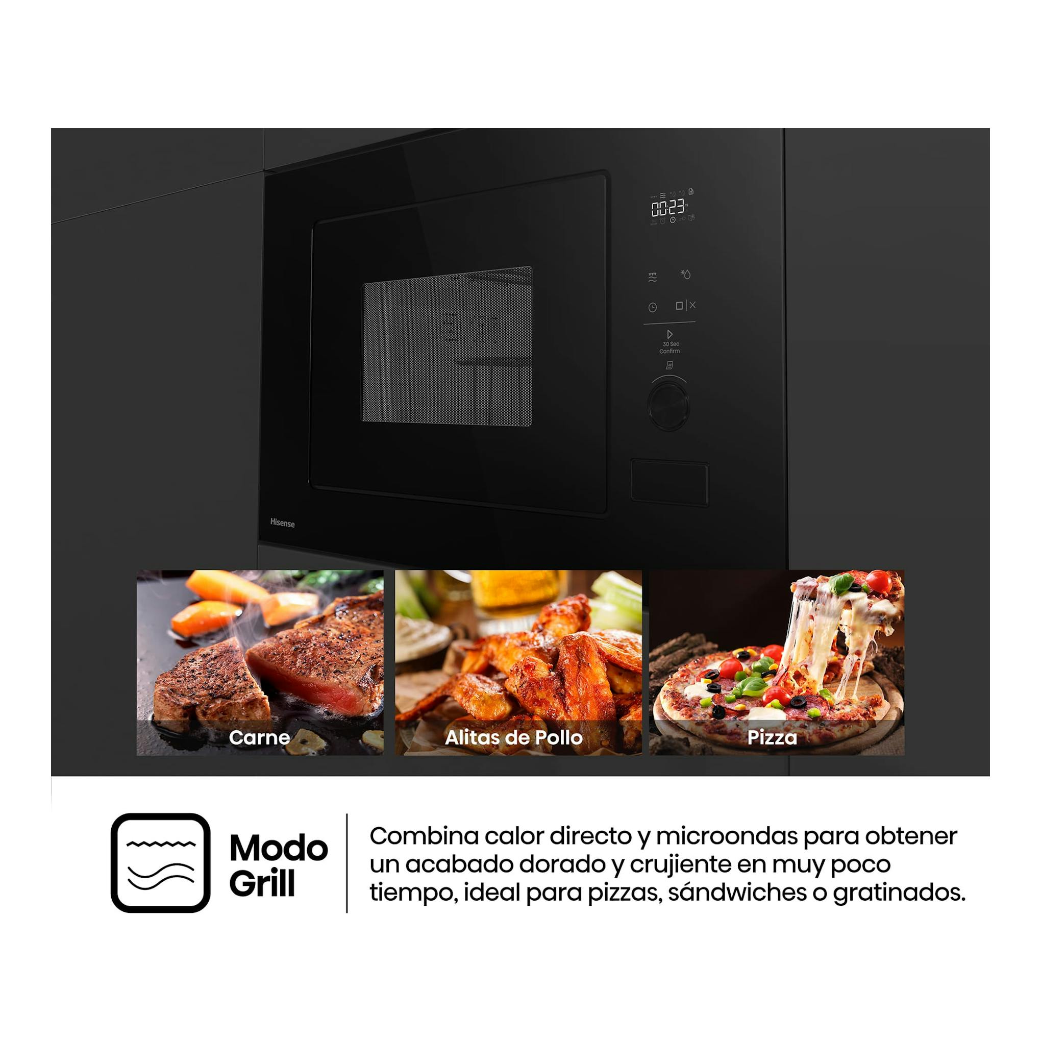 Microondas integrable Hisense BIM320G52BG negro, vista frontal, con panel táctil y puerta de cristal.