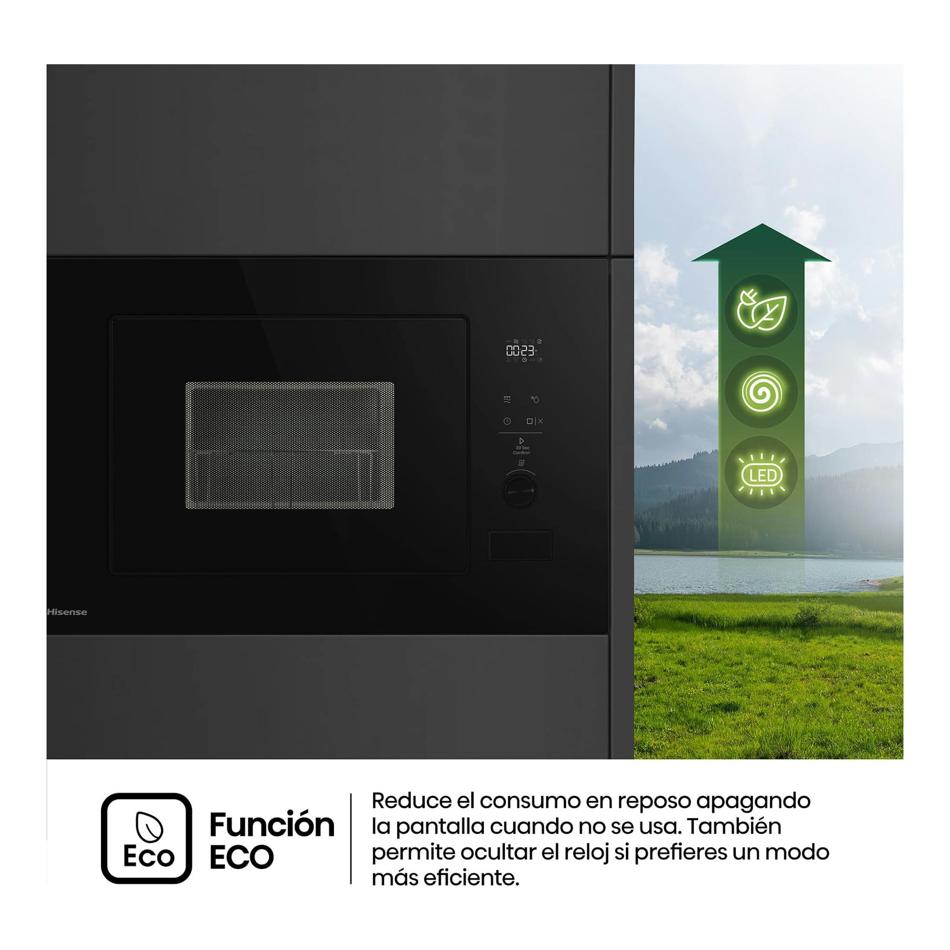 Microondas integrable Hisense BIM320G52BG de cristal negro, frontal con panel táctil lateral.