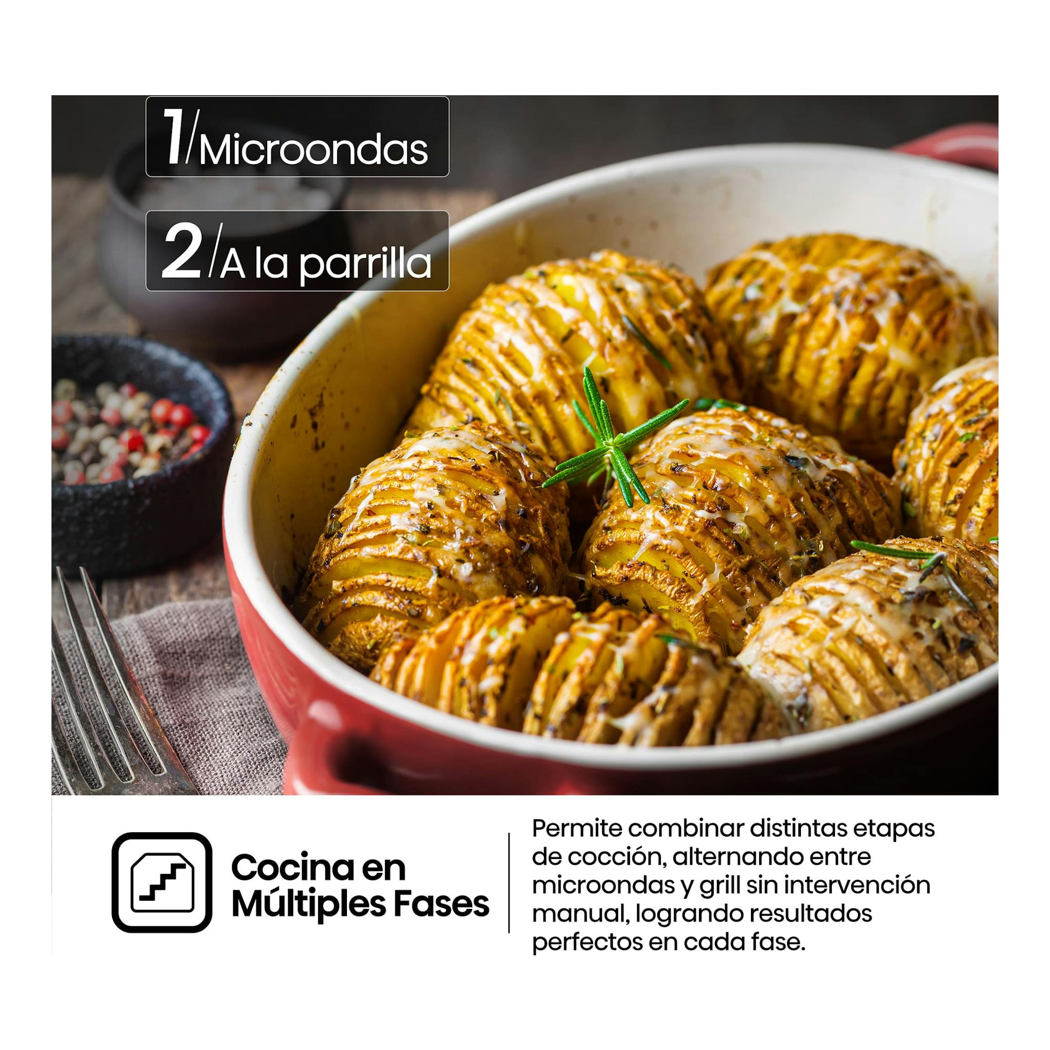Hisense BIM320G52BG: infografía con texto sobre microondas y grill, y fuente roja con patatas asadas.