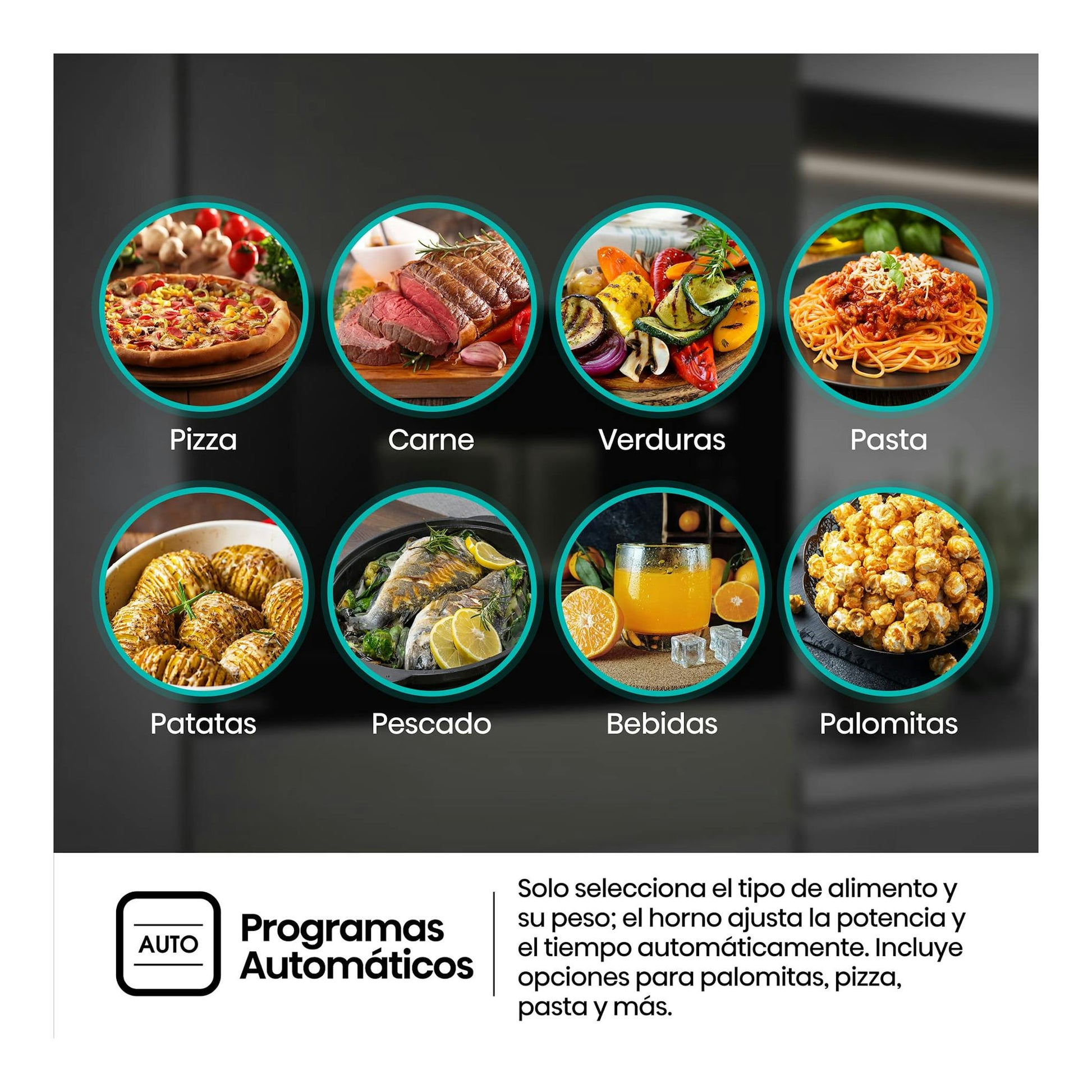 Infografía del microondas integrable Hisense BIM320G52BG, frontal negro, con programas automáticos para pizza, carne y verduras.