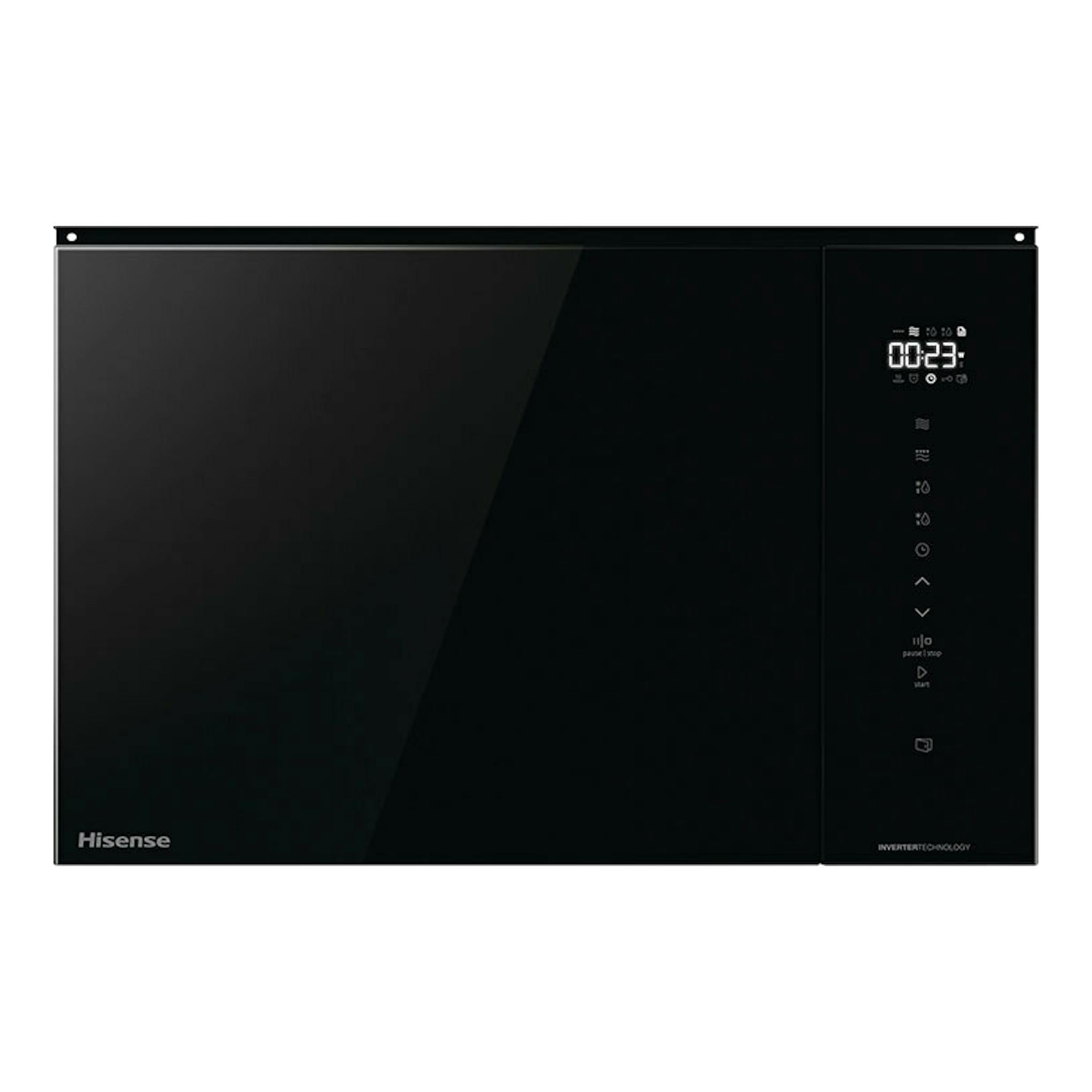 Microondas integrable Hisense BIM325GI63DBG, frontal, acabado negro cristal, panel táctil y display digital.