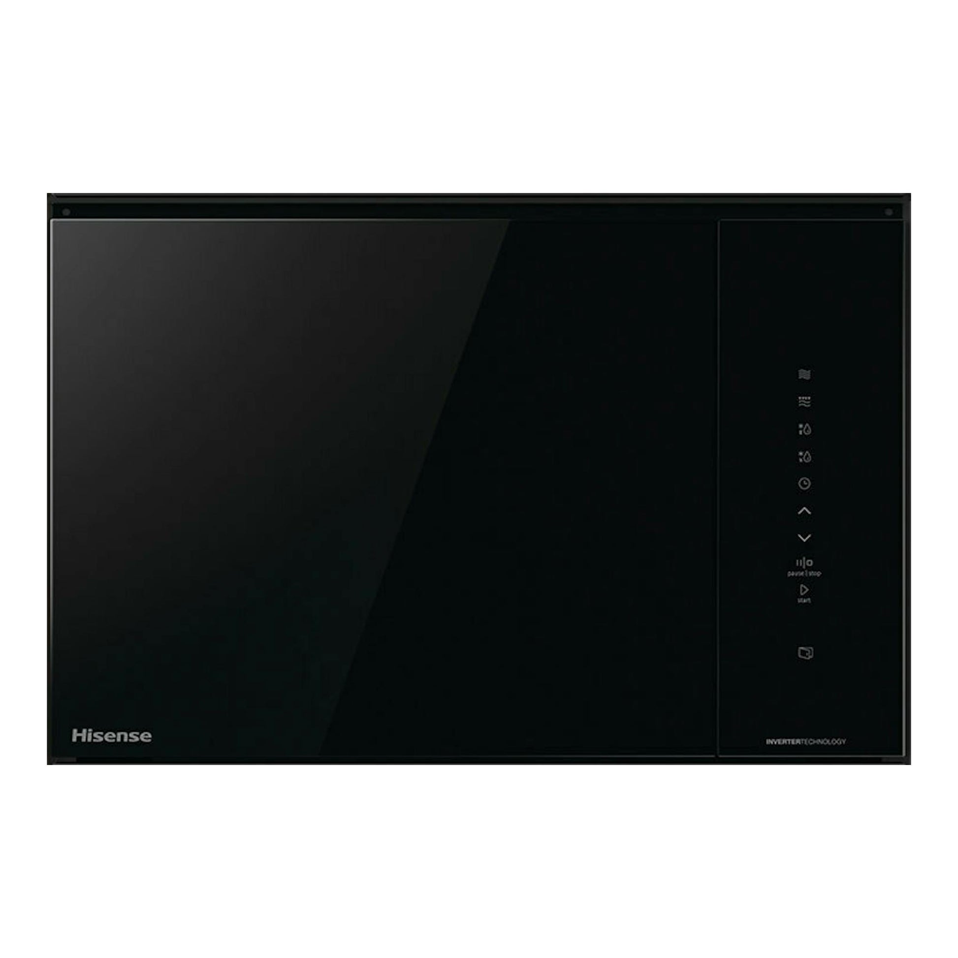 Microondas integrable Hisense BIM325GI63DBG, vista frontal, cristal negro con controles táctiles a la derecha.