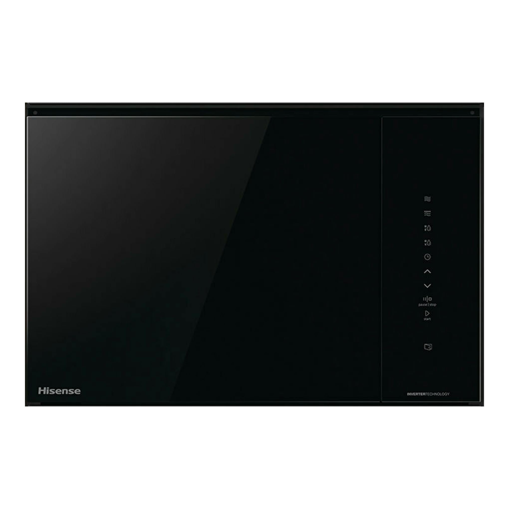 Microondas integrable Hisense BIM325GI63DBG, vista frontal, cristal negro con controles táctiles a la derecha.