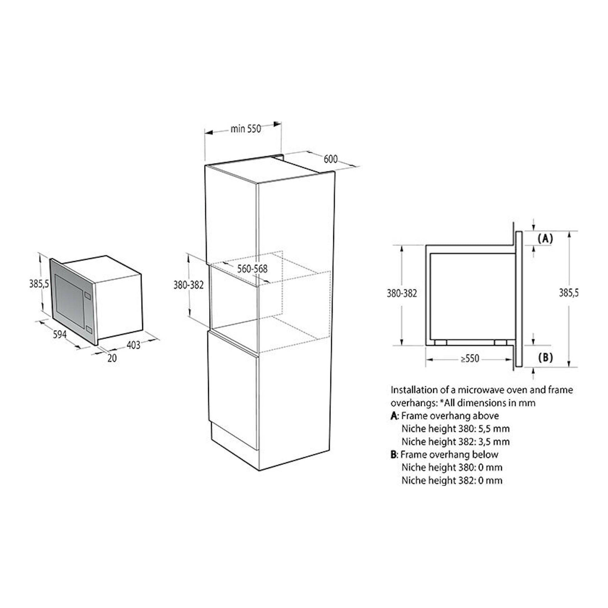 Diagrama técnico del microondas integrable Hisense BIM325GI63DBG, vista frontal y lateral con medidas.