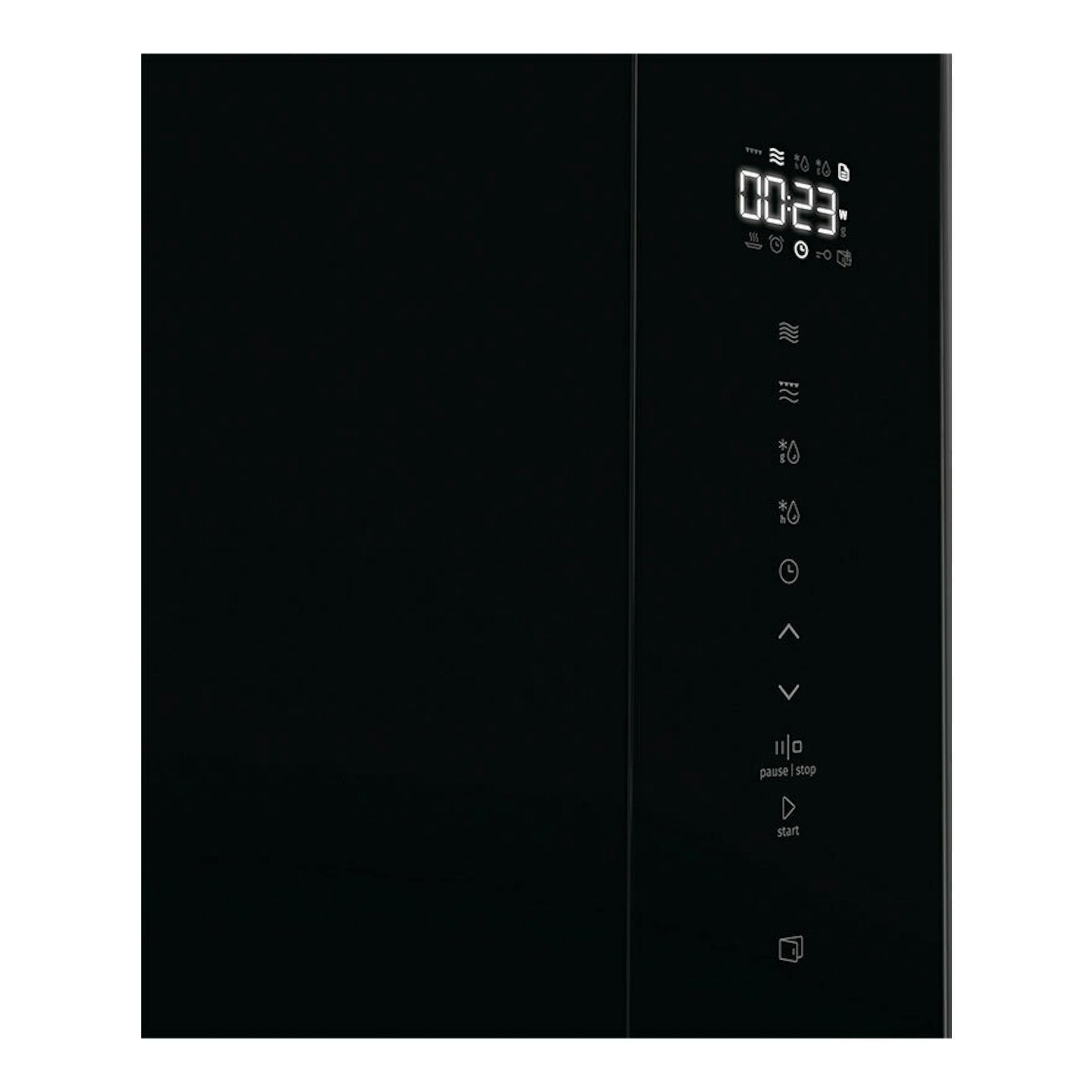 Microondas integrable Hisense BIM325GI63DBG de cristal negro, vista frontal con panel táctil digital.