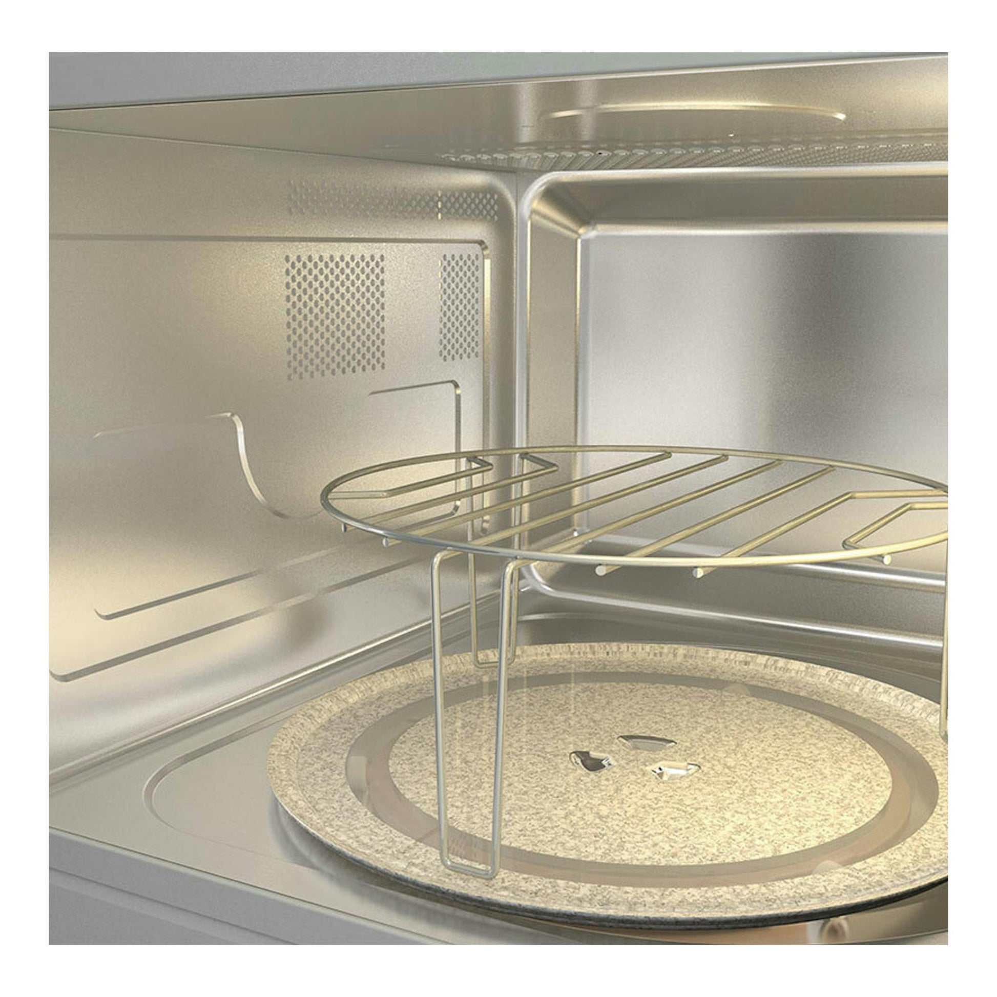 Microondas integrable Hisense BIM325GI63DBG, interior de acero inoxidable con plato giratorio y rejilla, vista frontal.
