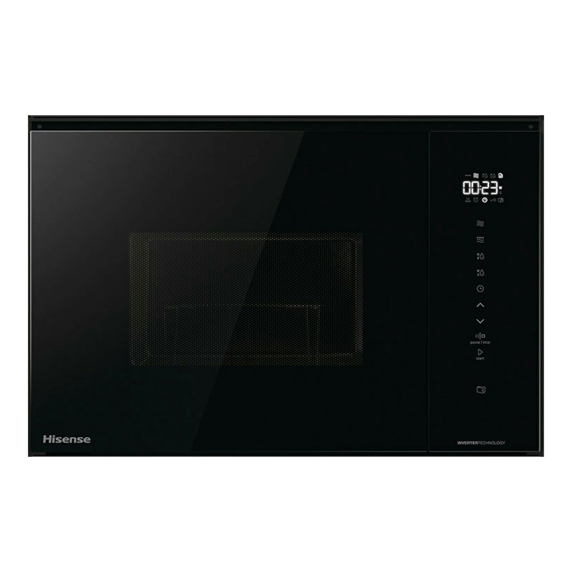 Microondas integrable Hisense BIM325GI63DBG de cristal negro, vista frontal.