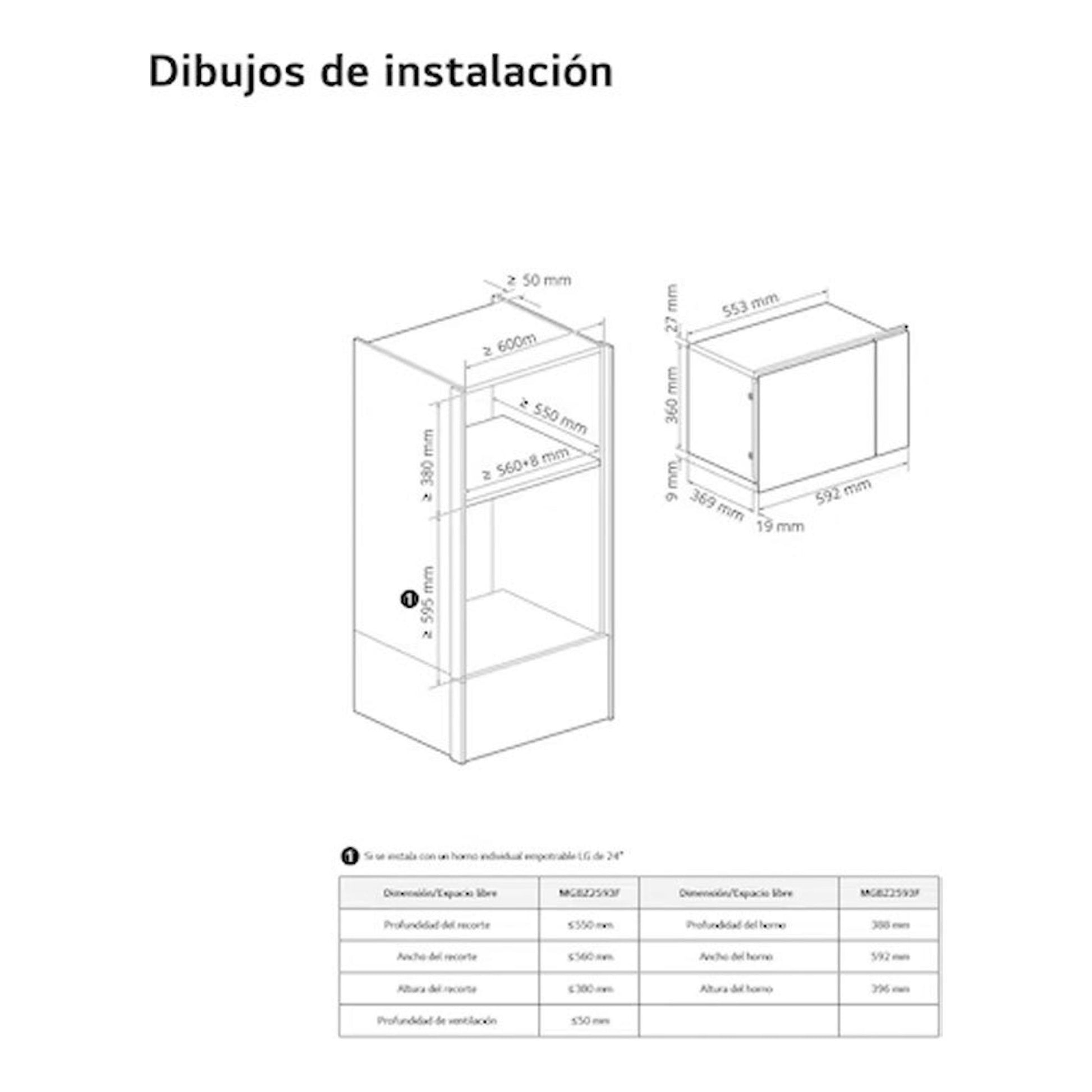 LG MG7Z2593B: dibujos técnicos de instalación de microondas integrable en cristal negro, con medidas.