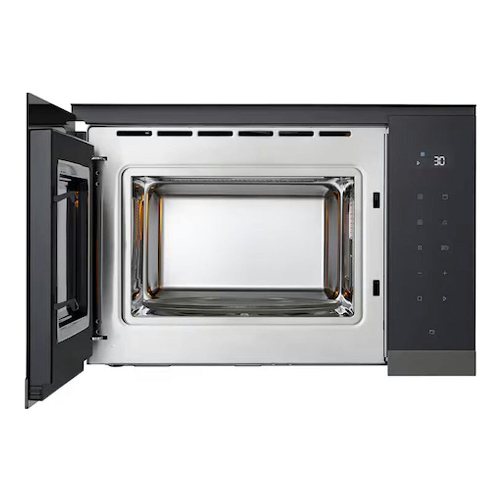 Microondas integrable LG MG7Z2593B de cristal negro, vista frontal con la puerta abierta.