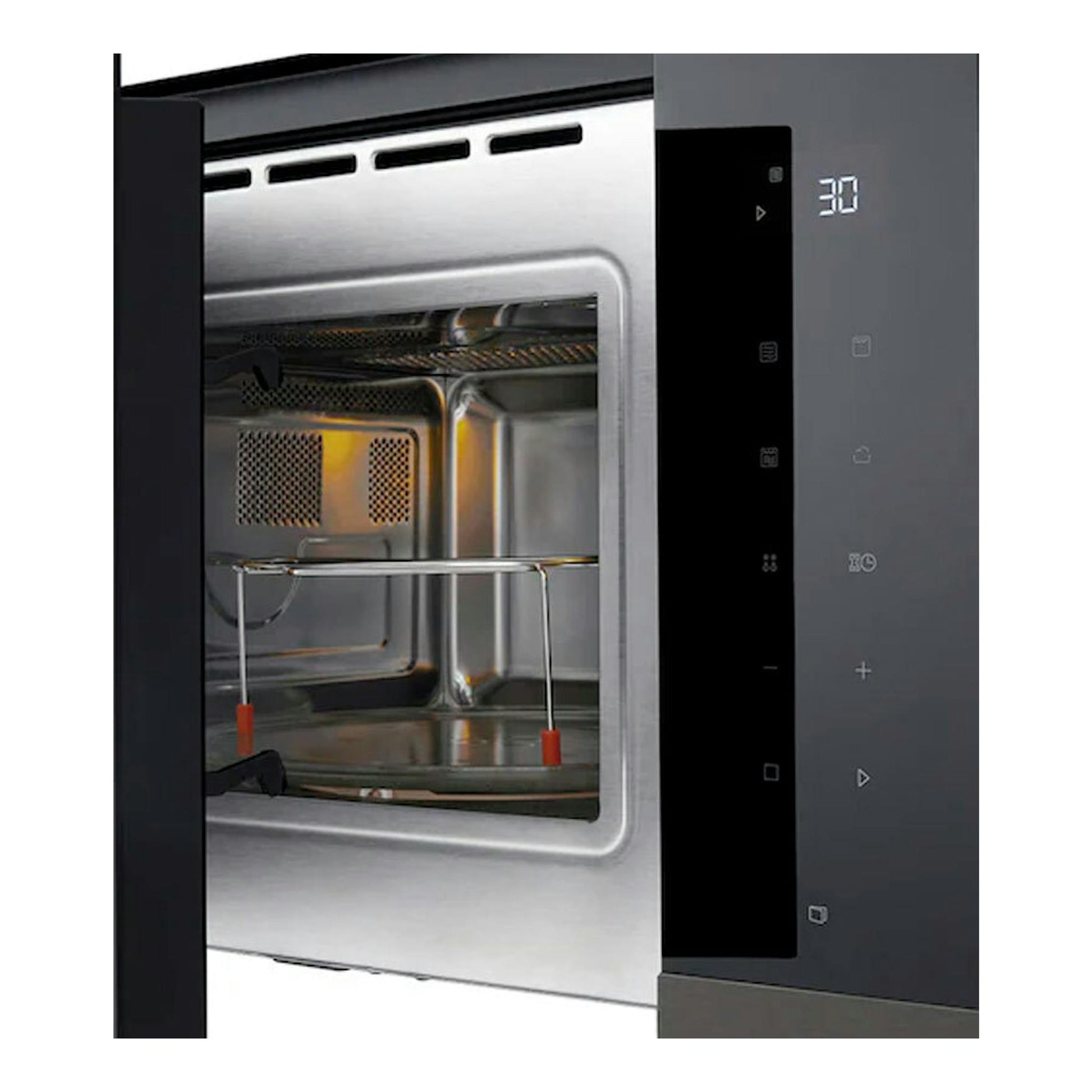 Microondas integrable LG MG7Z2593B en cristal negro, puerta abierta, interior de acero inoxidable y panel negro.