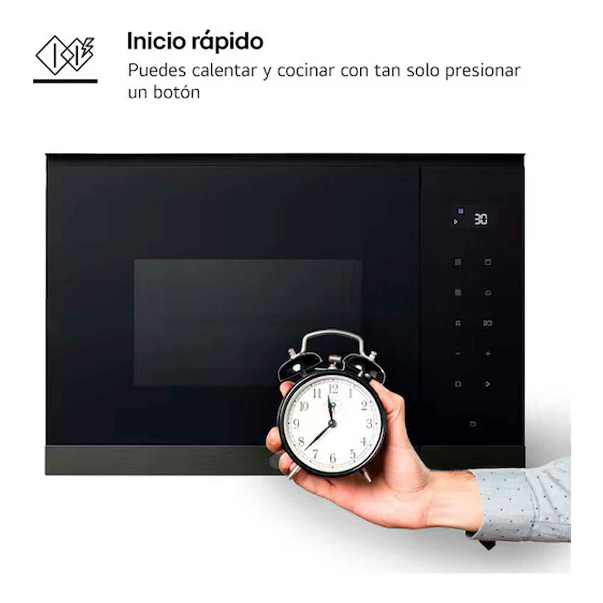 Microondas integrable LG MG7Z2593B de cristal negro, vista frontal, con panel táctil y una mano con reloj delante.
