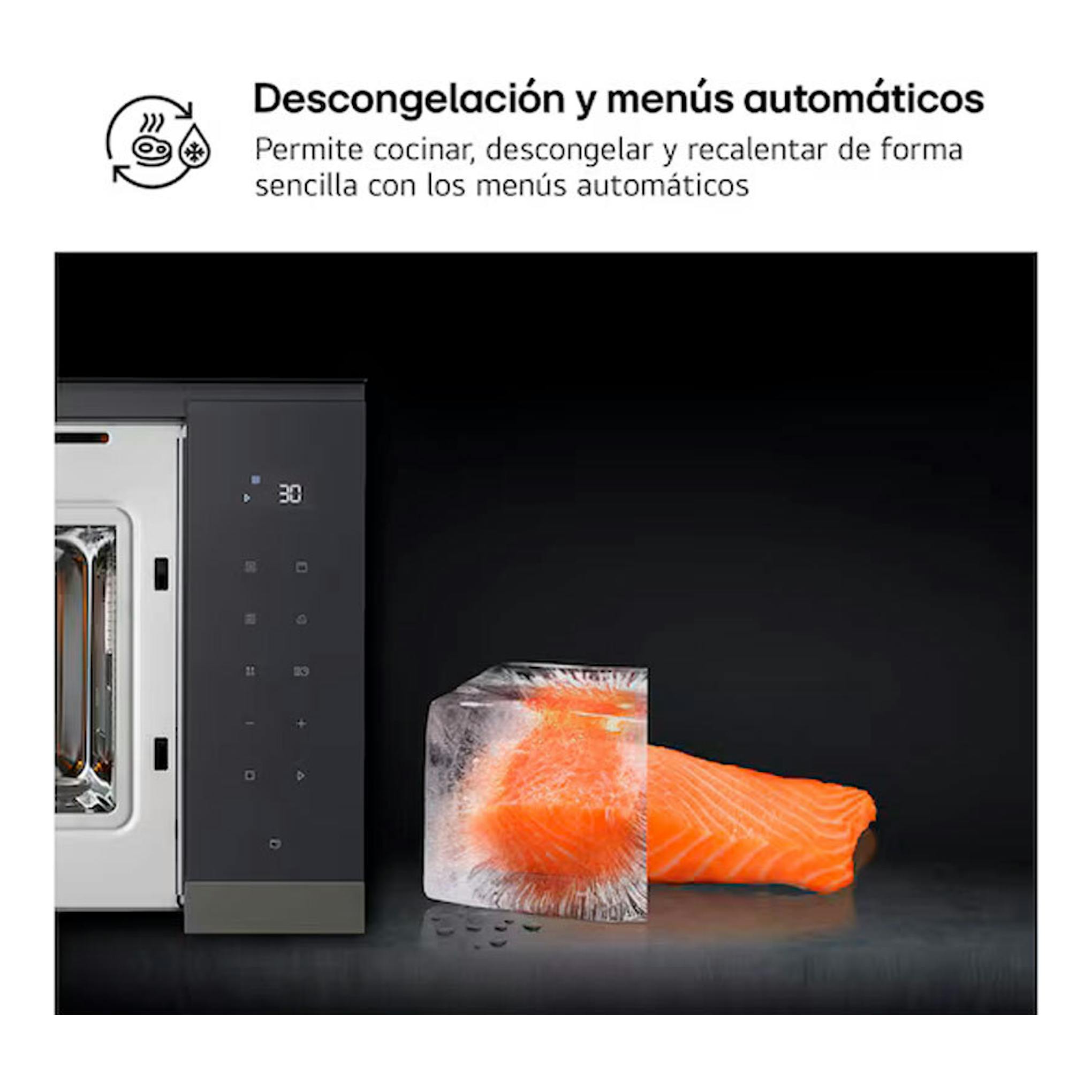 Microondas integrable LG MG7Z2593B en cristal negro, vista frontal parcial, con salmón congelado junto a la puerta.