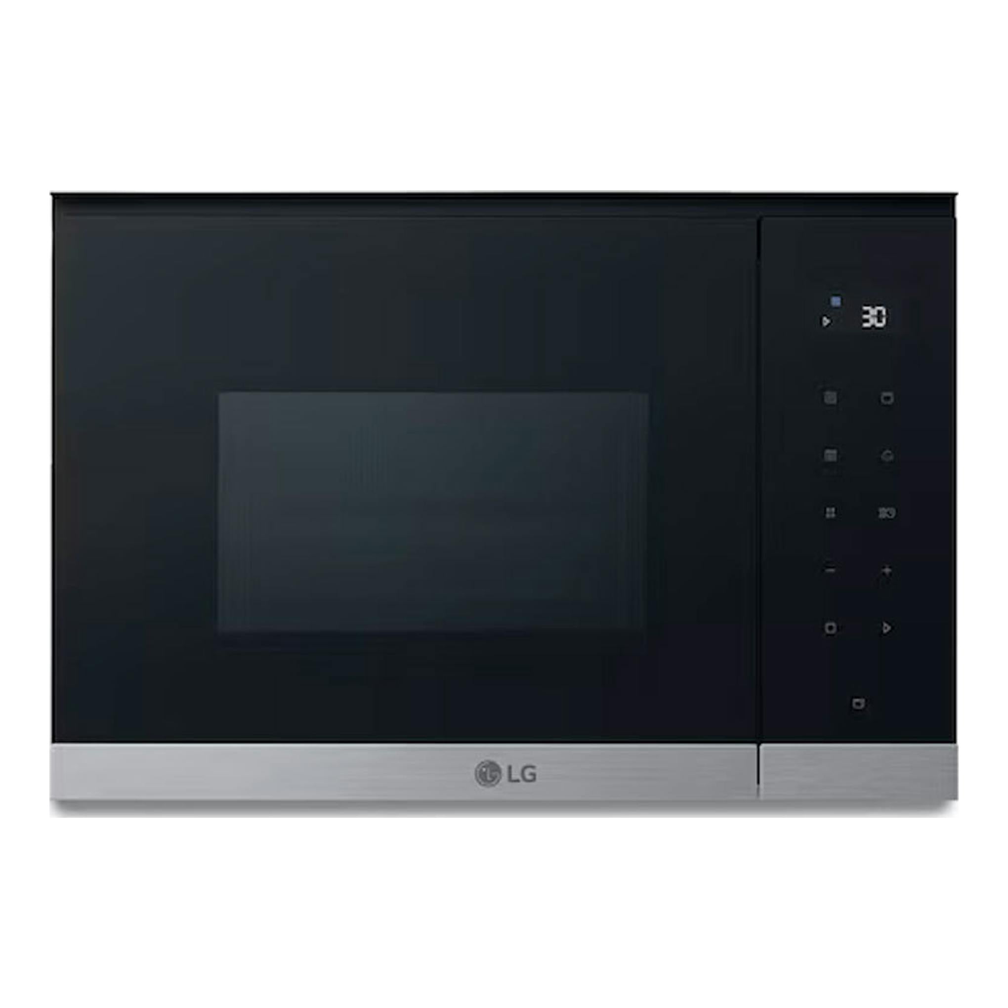 Microondas integrable LG MG7Z2593D negro, vista frontal, con panel táctil derecho y base plateada.