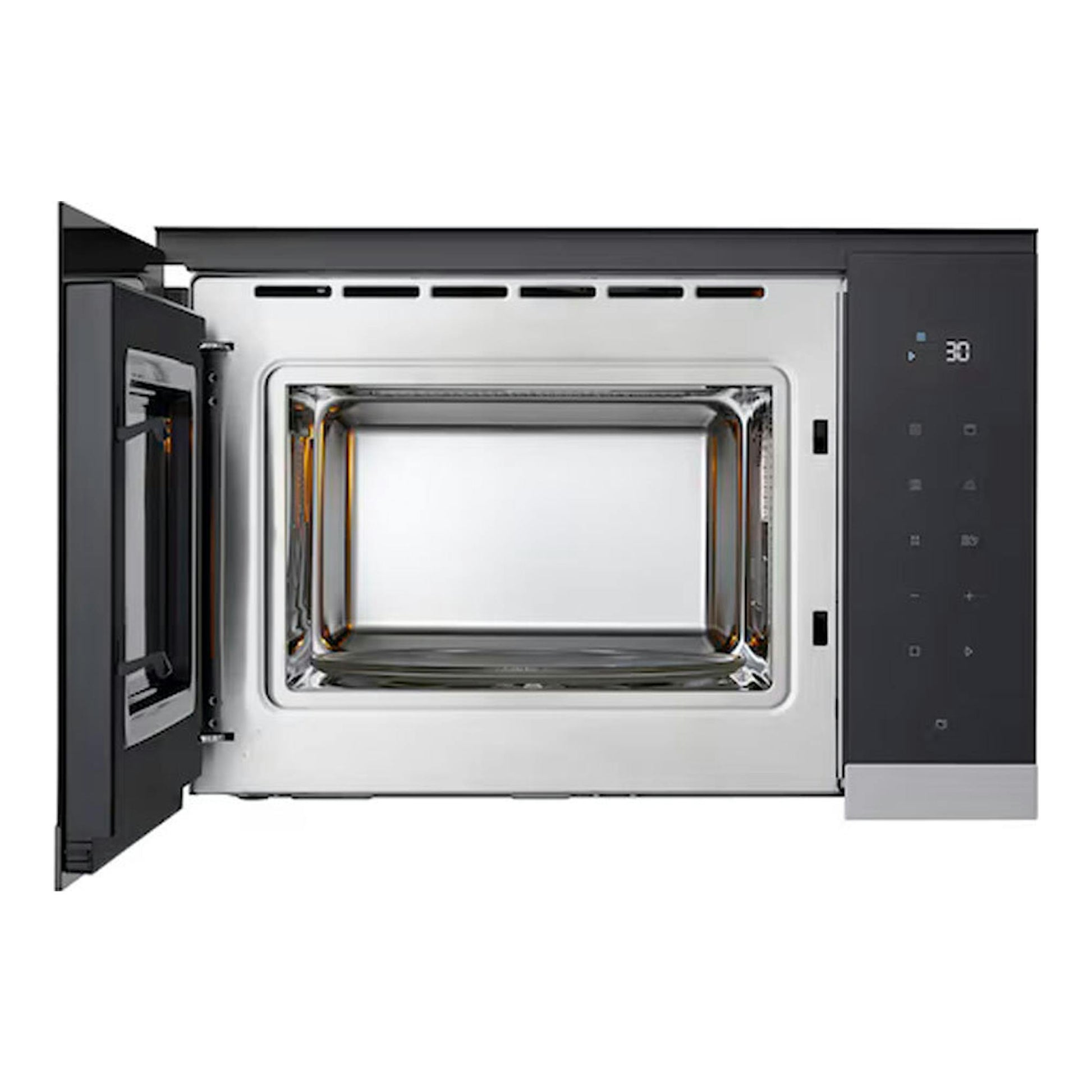 Microondas integrable LG MG7Z2593D inox, vista frontal con la puerta abierta y panel negro.