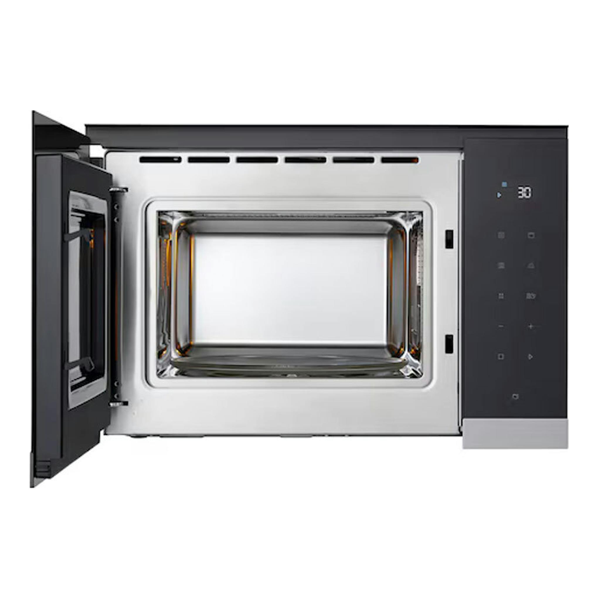 Microondas integrable LG MG7Z2593D inox, vista frontal con la puerta abierta y panel negro.