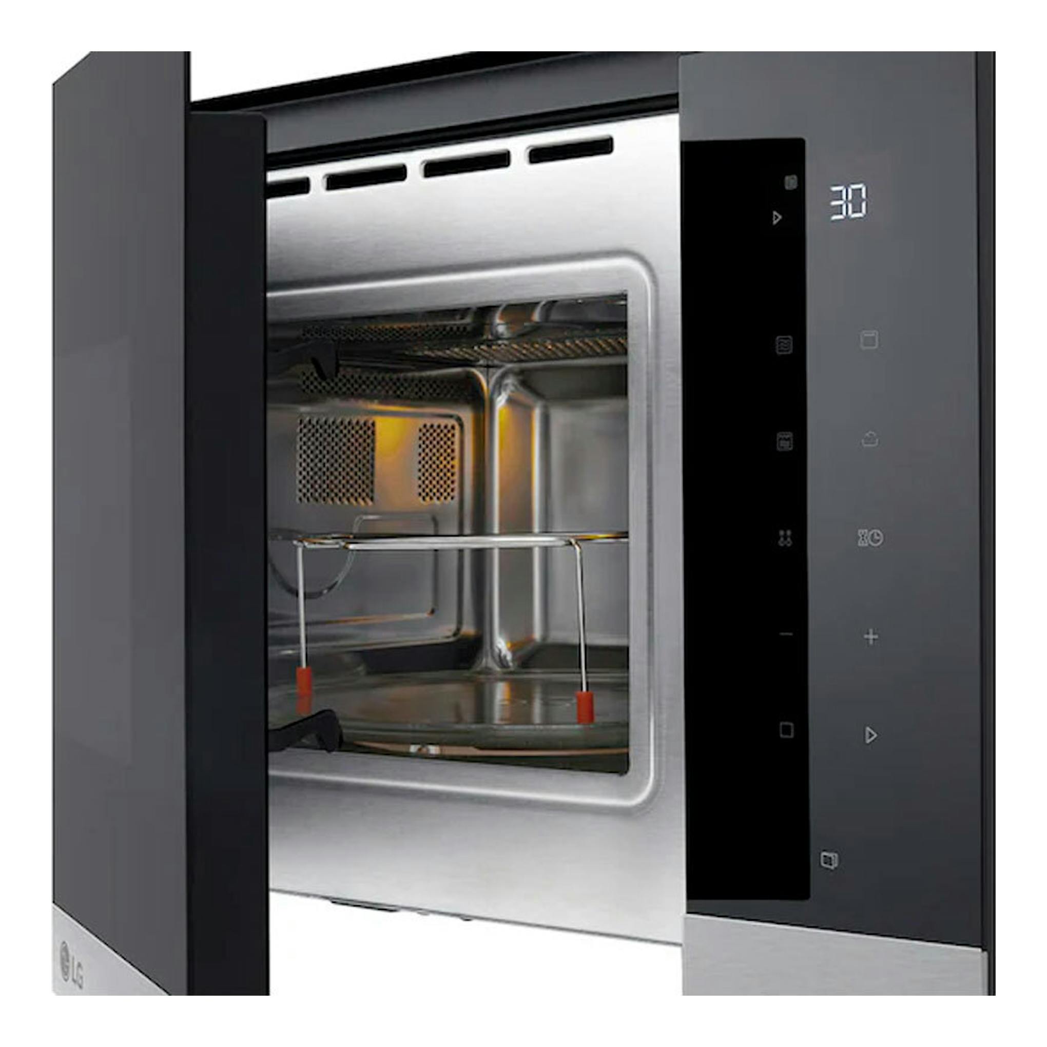 Microondas integrable LG en acero inoxidable, puerta abierta y panel táctil negro con display digital.