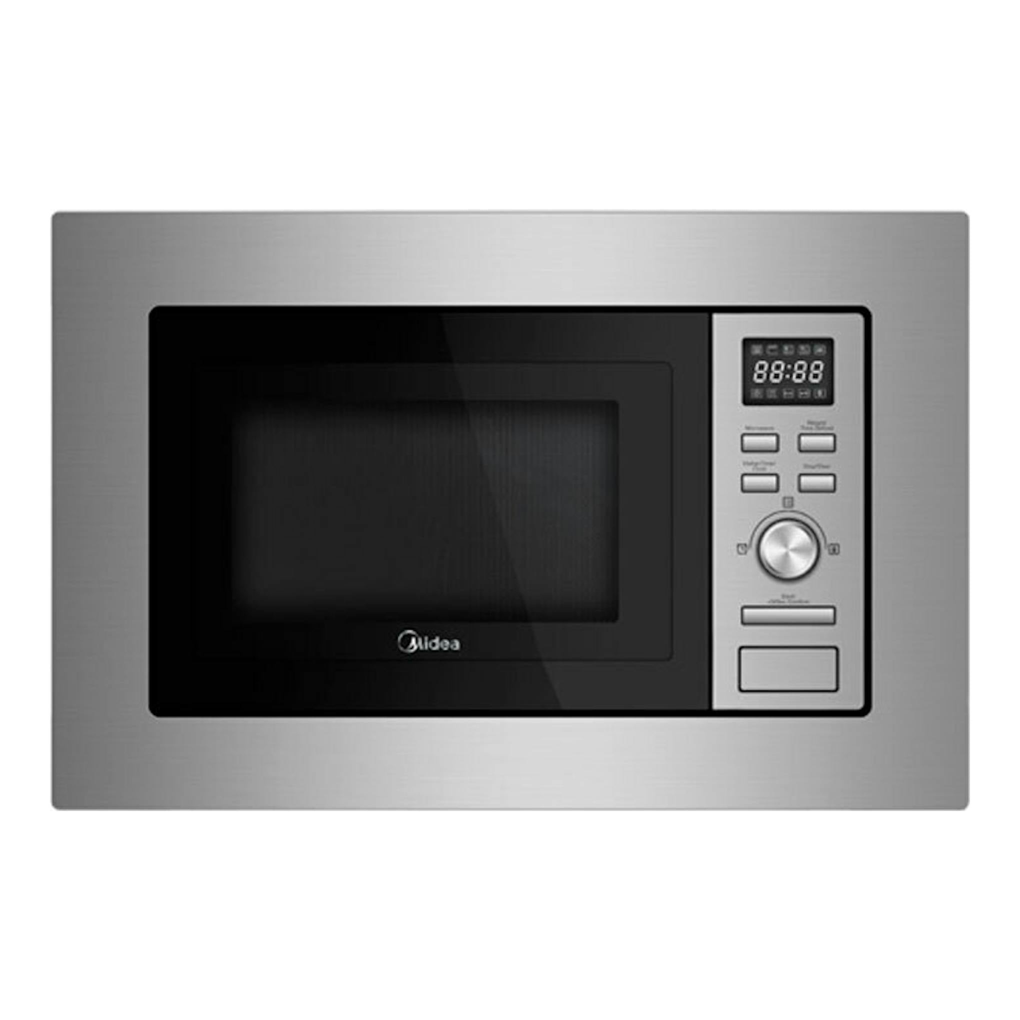 Microondas integrable Midea MBMAG720AX inox, vista frontal, puerta negra y panel digital derecho.
