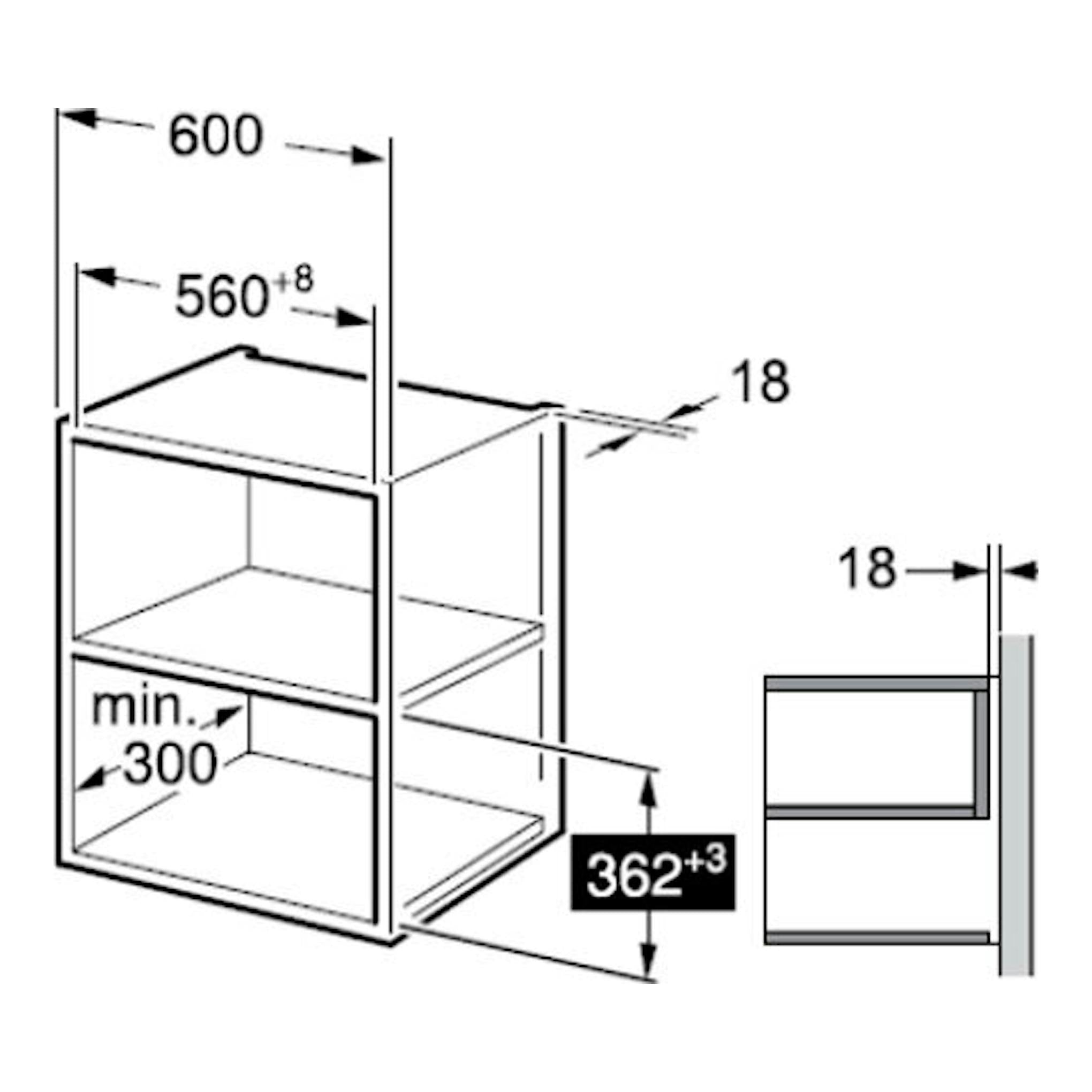 Diagrama de instalación del microondas integrable Midea MBMTG820H-BK, con medidas y vista lateral.