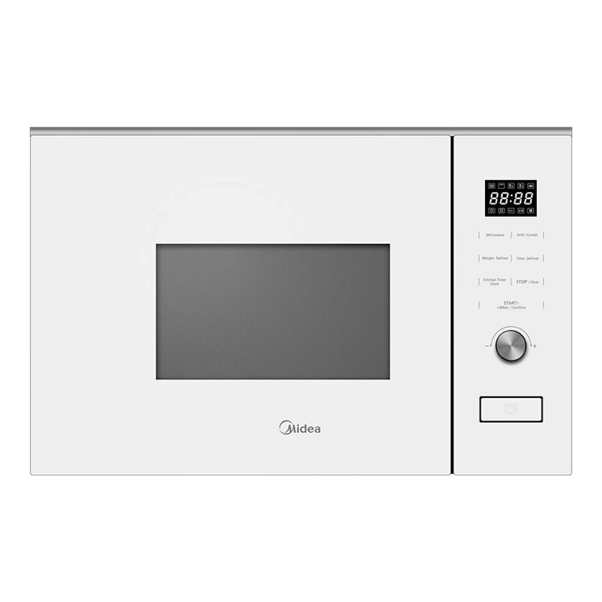 Microondas integrable Midea MBMTG820H-WH blanco, vista frontal, con panel digital y puerta de cristal oscuro.