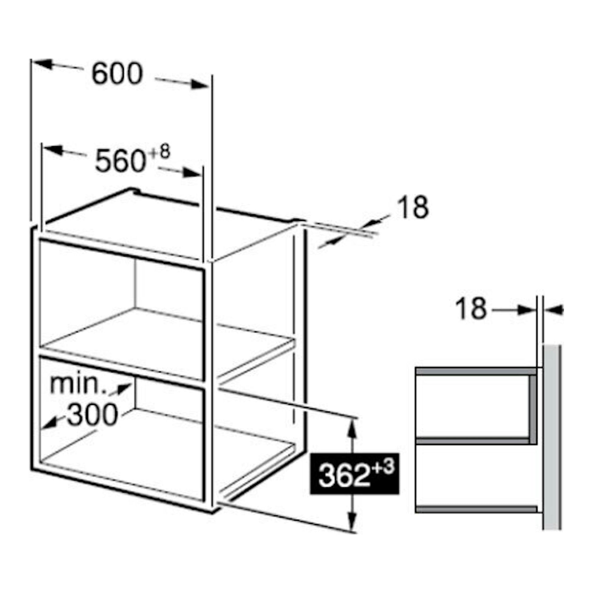Esquema de instalación del microondas integrable Midea MBMTG820H-WH blanco, con vistas frontal y lateral y medidas.