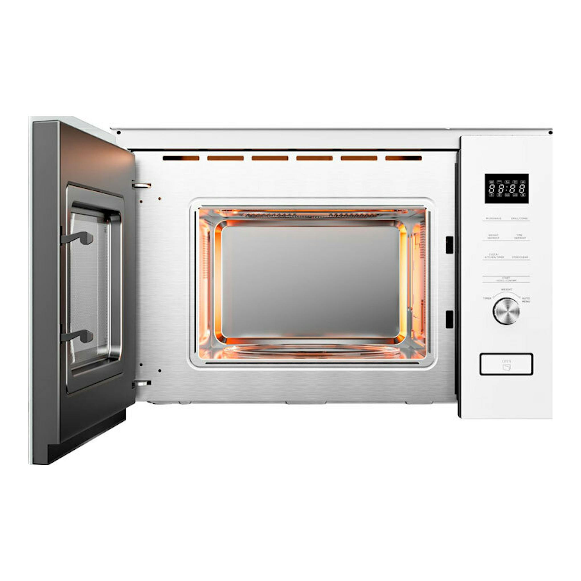 Microondas integrable Midea MBMTG820H-WH blanco, puerta abierta, vista frontal del interior y panel digital.