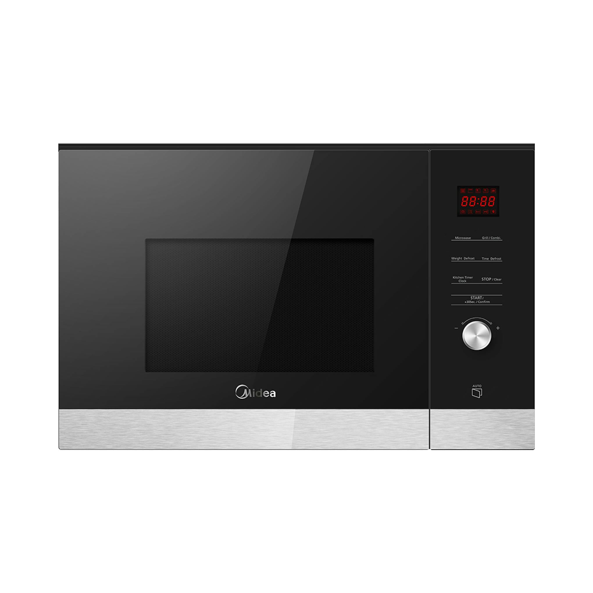 Microondas integrable Midea MCMI259GDIP negro, vista frontal sobre fondo blanco.