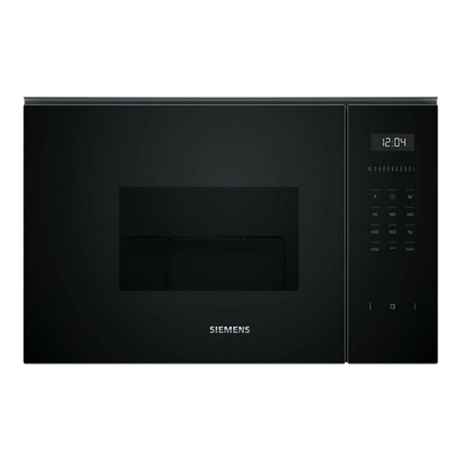 Microondas integrable Siemens BE525LMB1 en cristal negro, vista frontal con panel digital a la derecha.