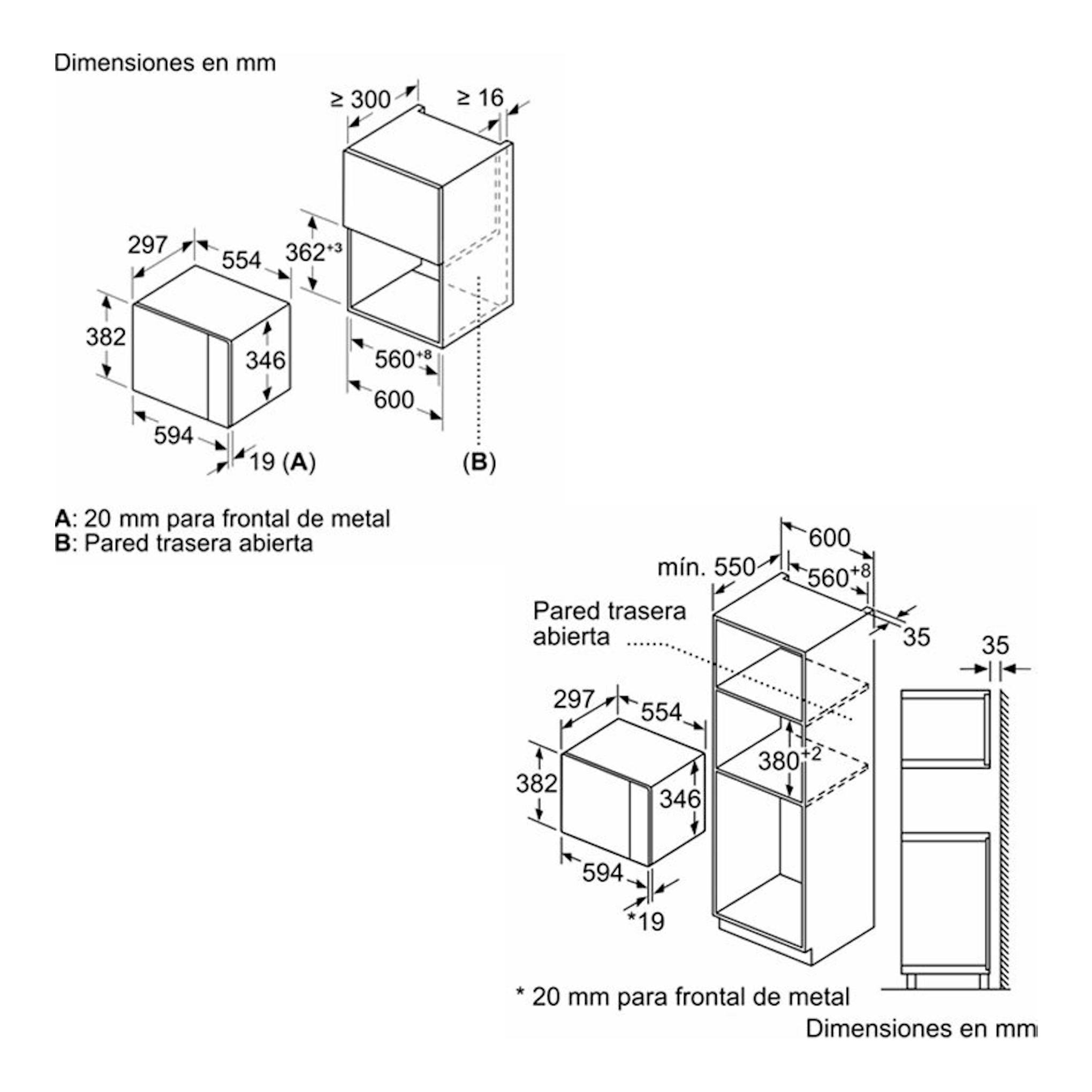 Esquema de dimensiones del microondas integrable Siemens BE525LMB1 en cristal negro, vista frontal y lateral.