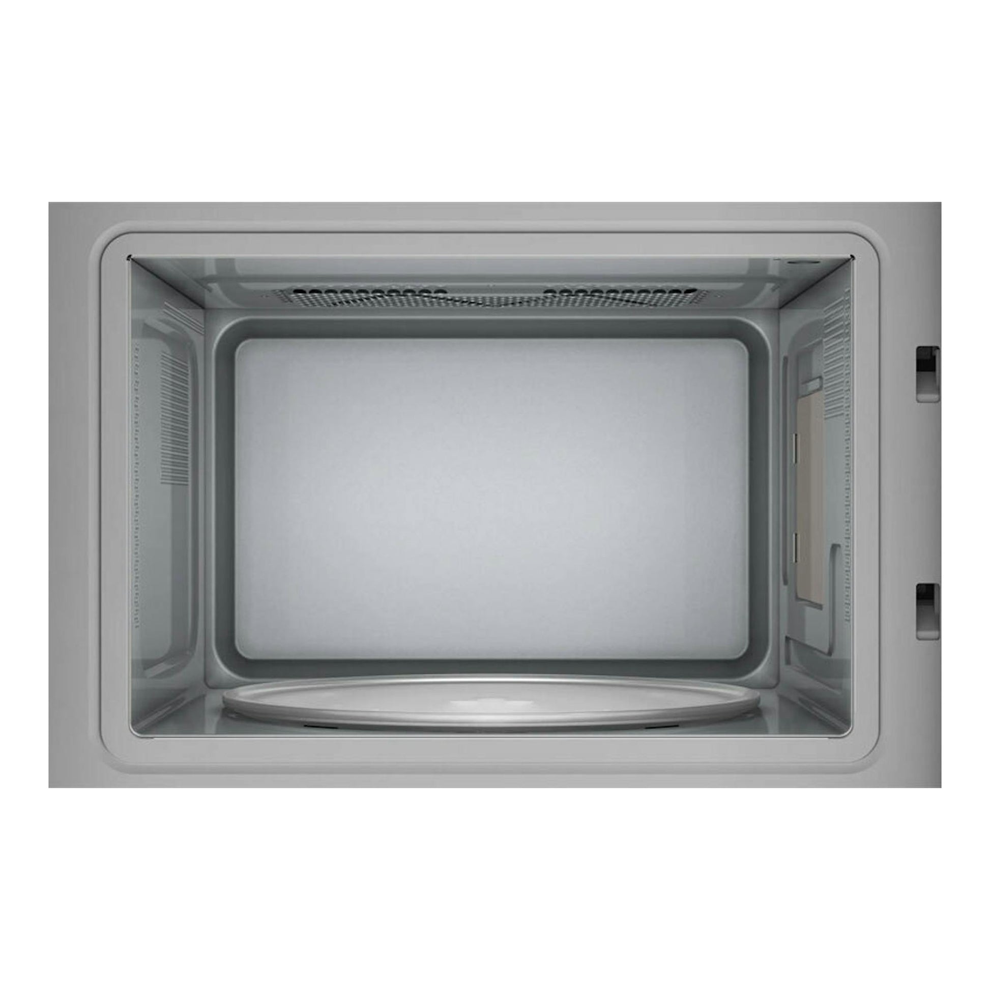 Microondas integrable Siemens BE525LMB1, visto de frente, interior gris con plato giratorio.